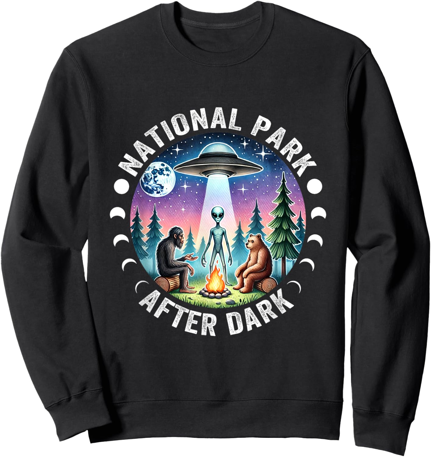 Vintage Retro Funny National Park After the Dark Big foot Alien Campfire , Small, Black Sweatshirt - Sweatshirt | Black