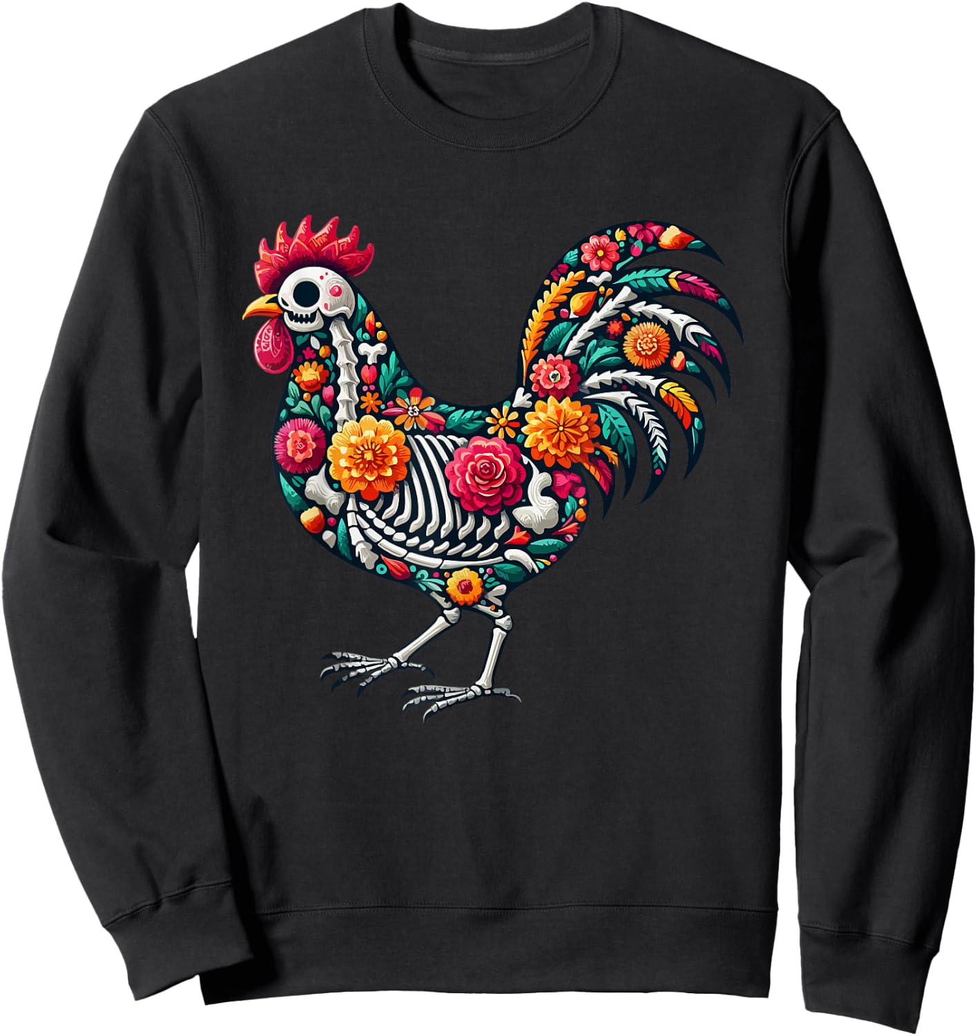 Floral Skeleton Chicken Mexican Dia De Los Muertos Halloween Sweatshirt - Sweatshirt | Black