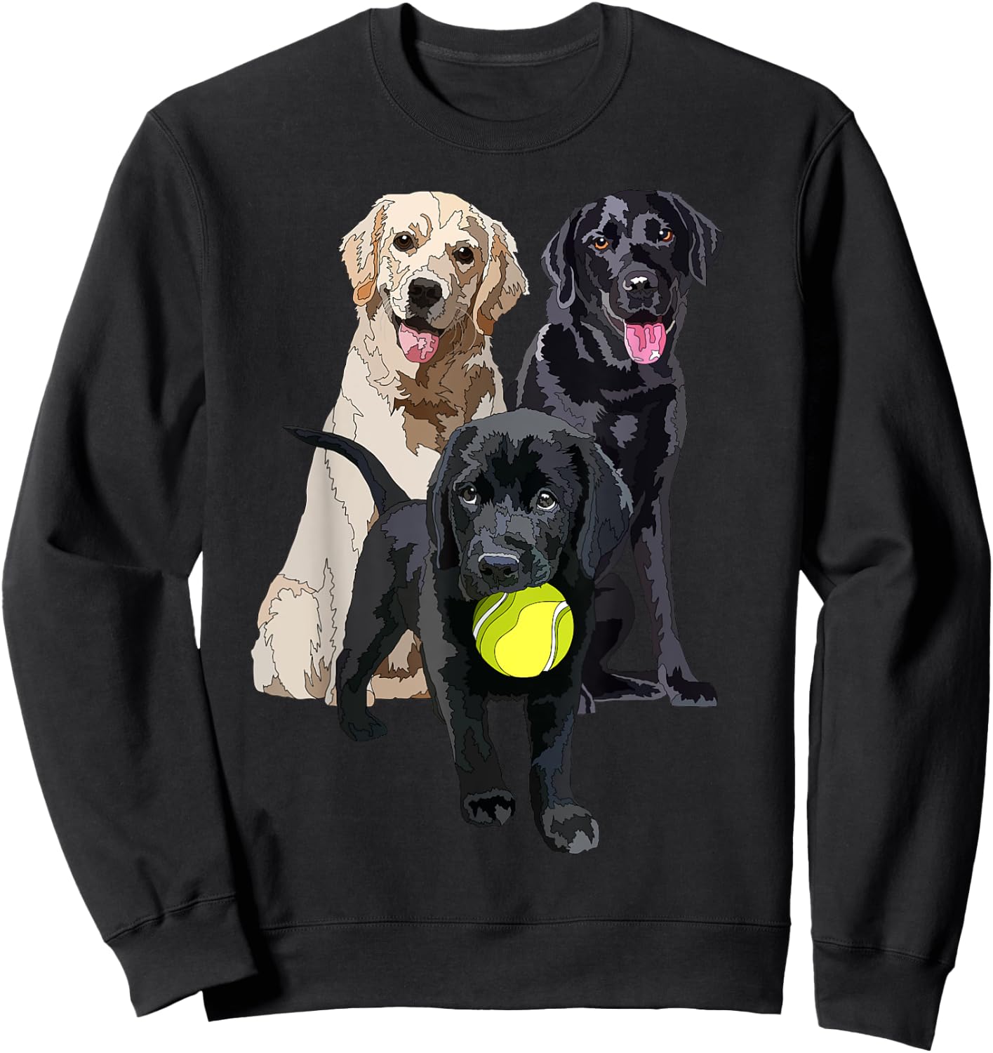 Happy Yellow Labrador Black Retriever And A Puppy Dog Men Women Girls Kids Sweatshirt - Sweatshirt | Black