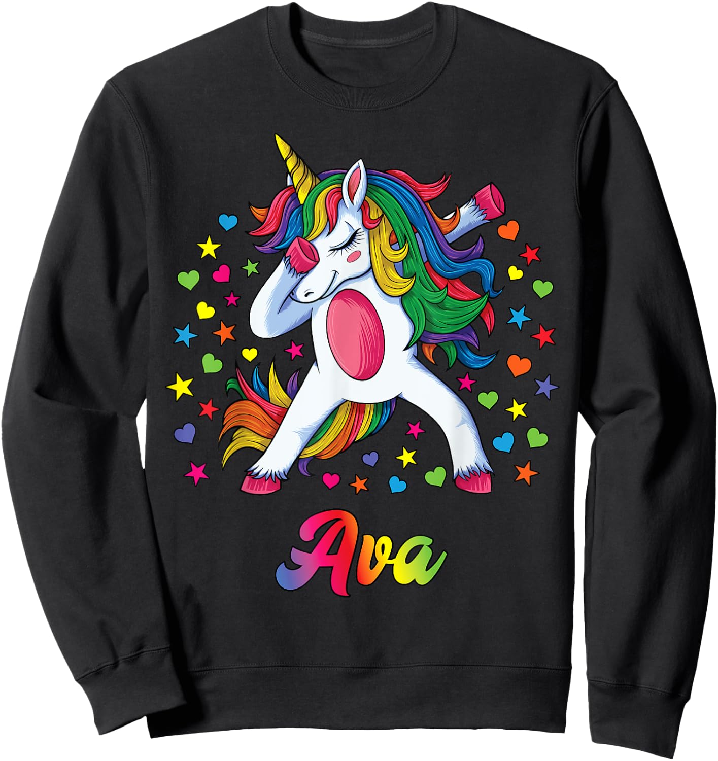 Ava Dabbing Unicorn Rainbow Personalized Name Custom Sweatshirt - Sweatshirt | Black