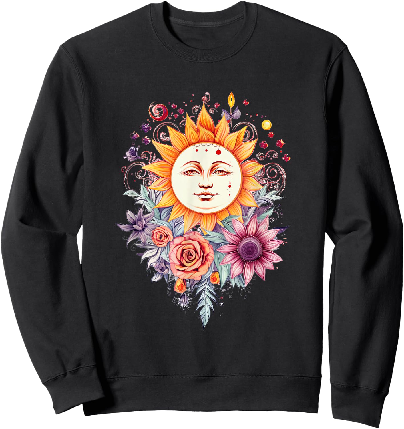Mystic Sun and Moon Woman Mystical Flowers Aesthetic Sweatshirt - Sweatshirt | Black