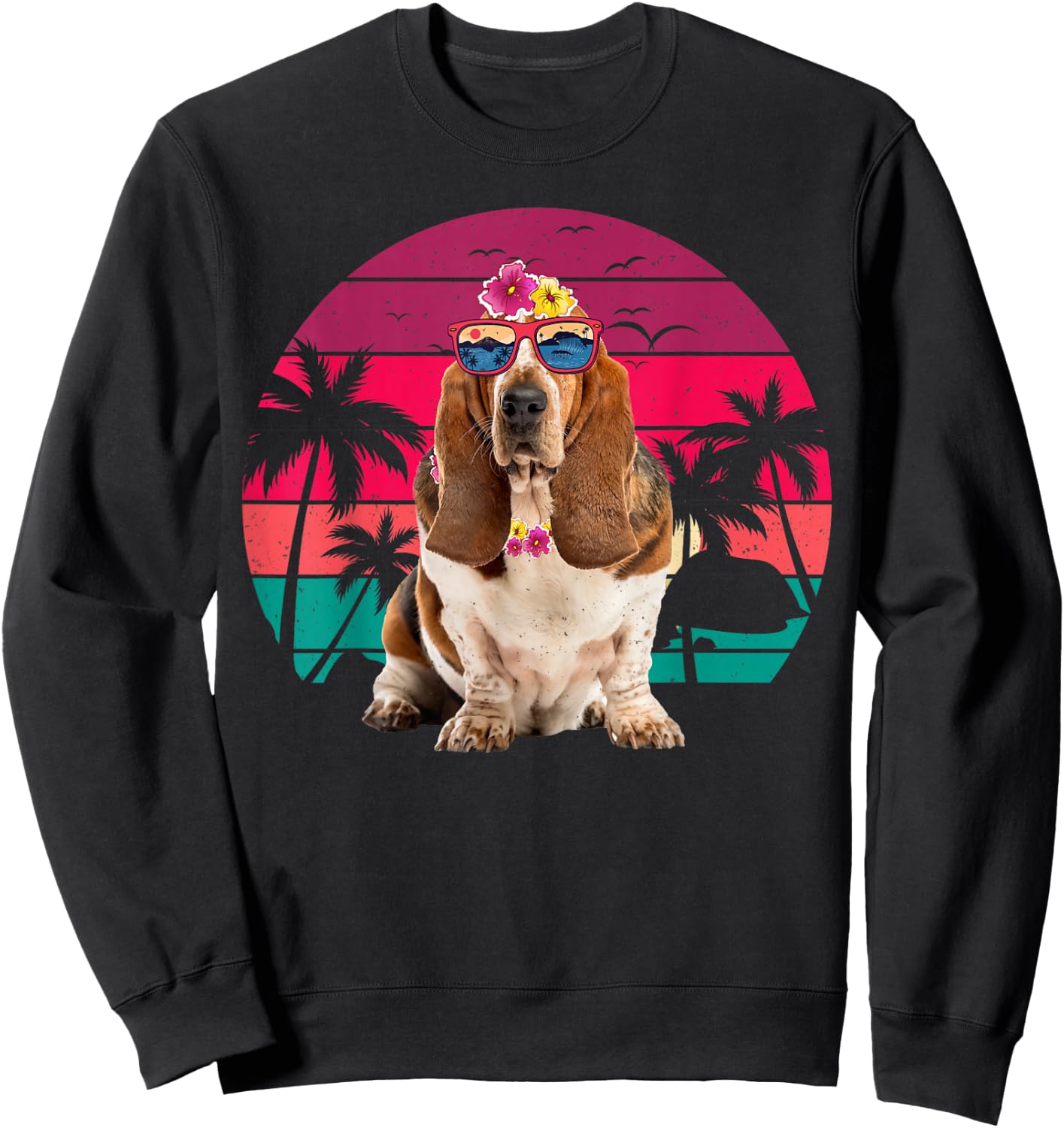Retro Hawaiian Basset Hound Dog Tropical Floral Summer Vibes Women Kids Sweatshirt - Sweatshirt | Black
