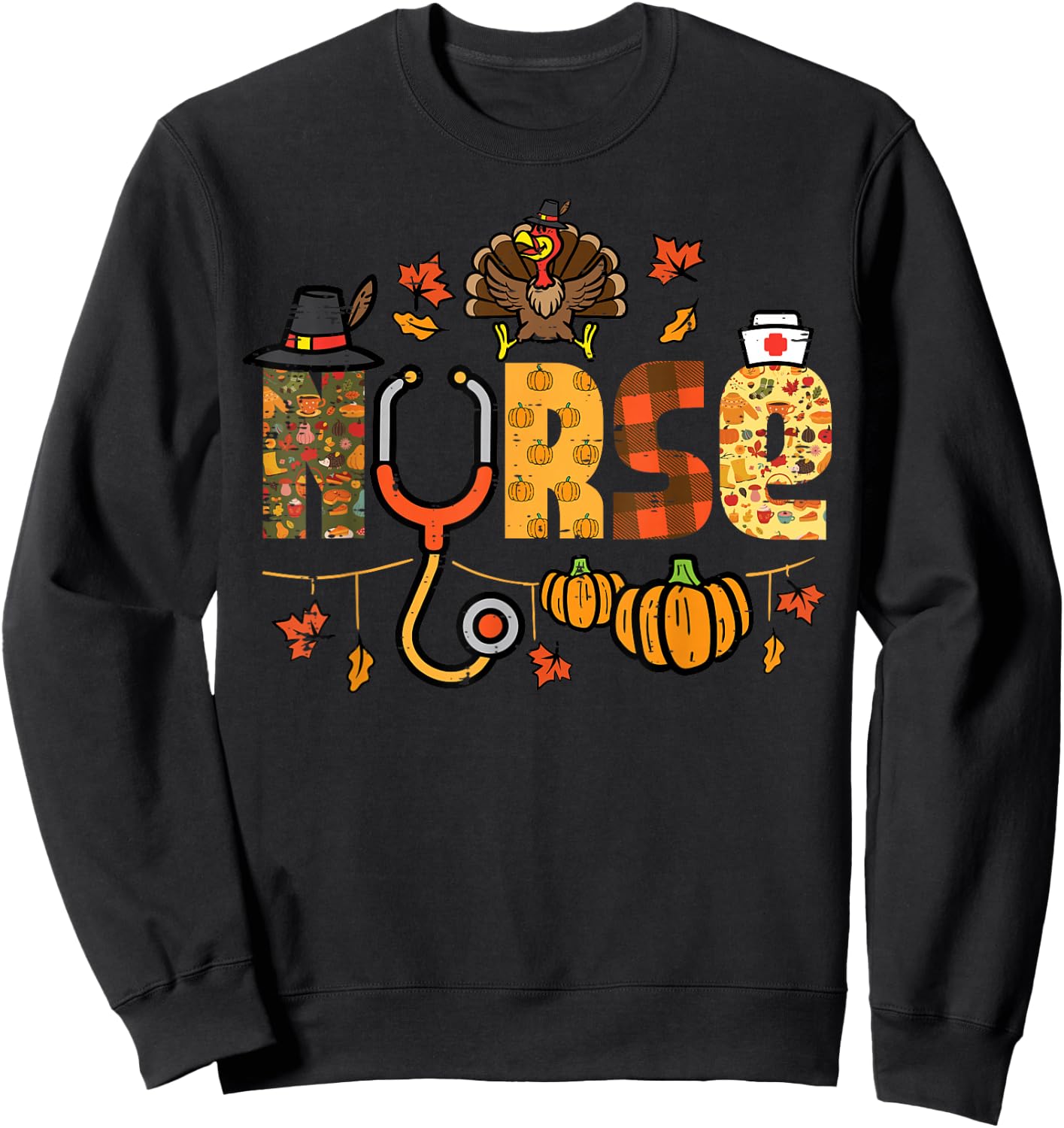 Thanksgiving Nurse Stethoscope Fall Scrub Top ER Men Women Sweatshirt - Sweatshirt | Black