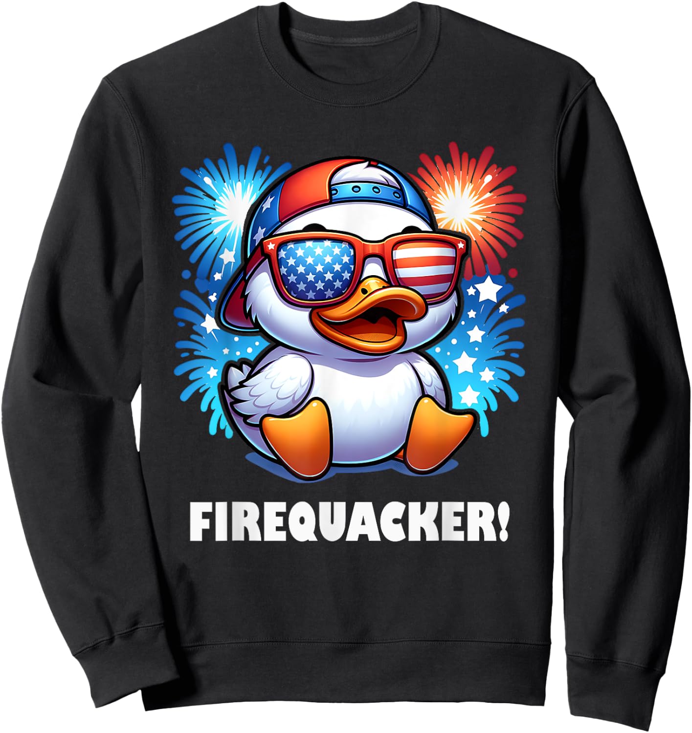 4th of July Firequacker Duck American Flag Fireworks Graphic Sweatshirt - Sweatshirt | Black