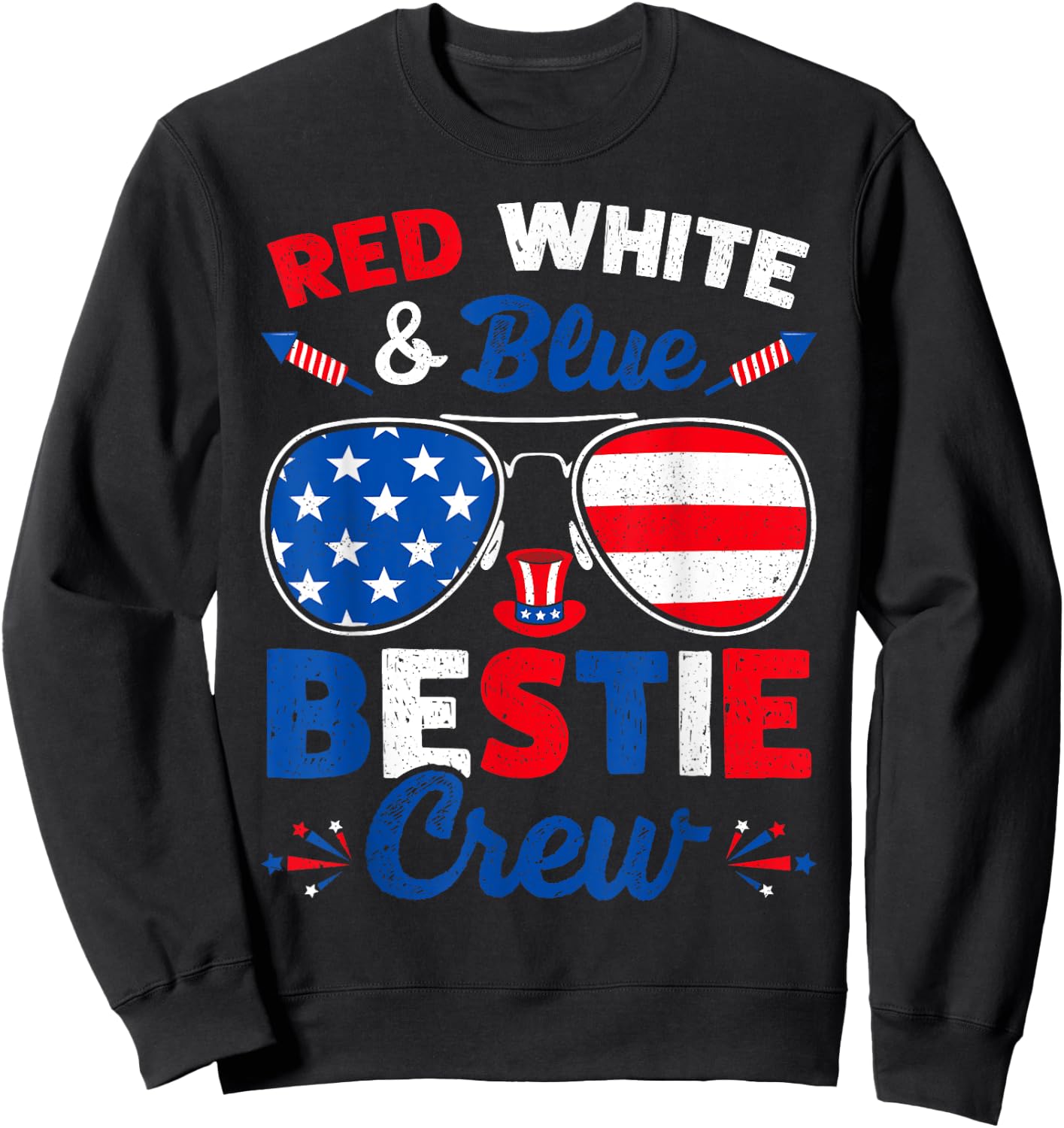 Retro 4th Of July Red White & Blue Bestie Crew American Flag Women Men Sweatshirt - Sweatshirt | Black