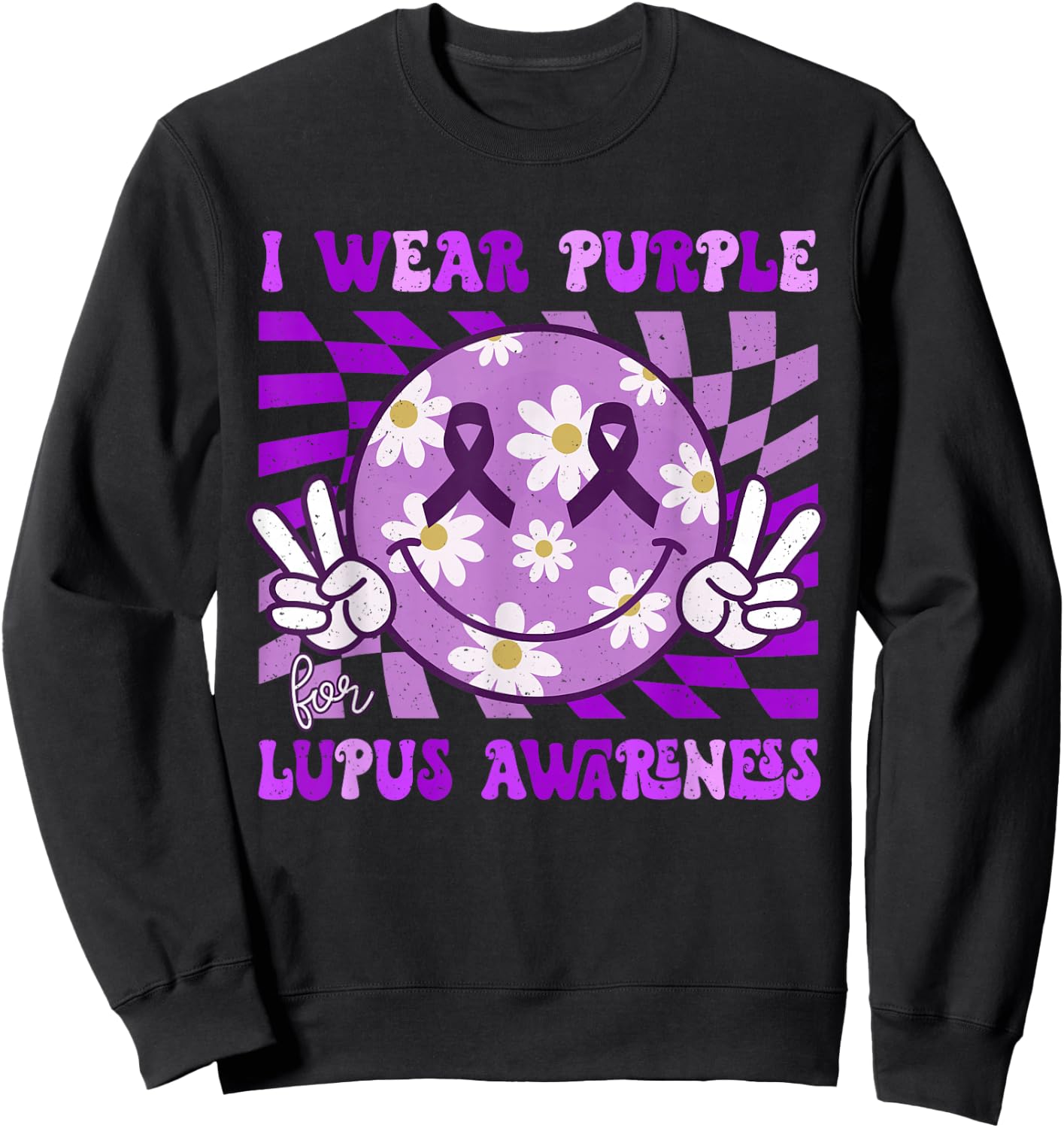 Retro Lupus Awareness Smile Hippie Checkered Purple Ribbon Sweatshirt - Sweatshirt | Black