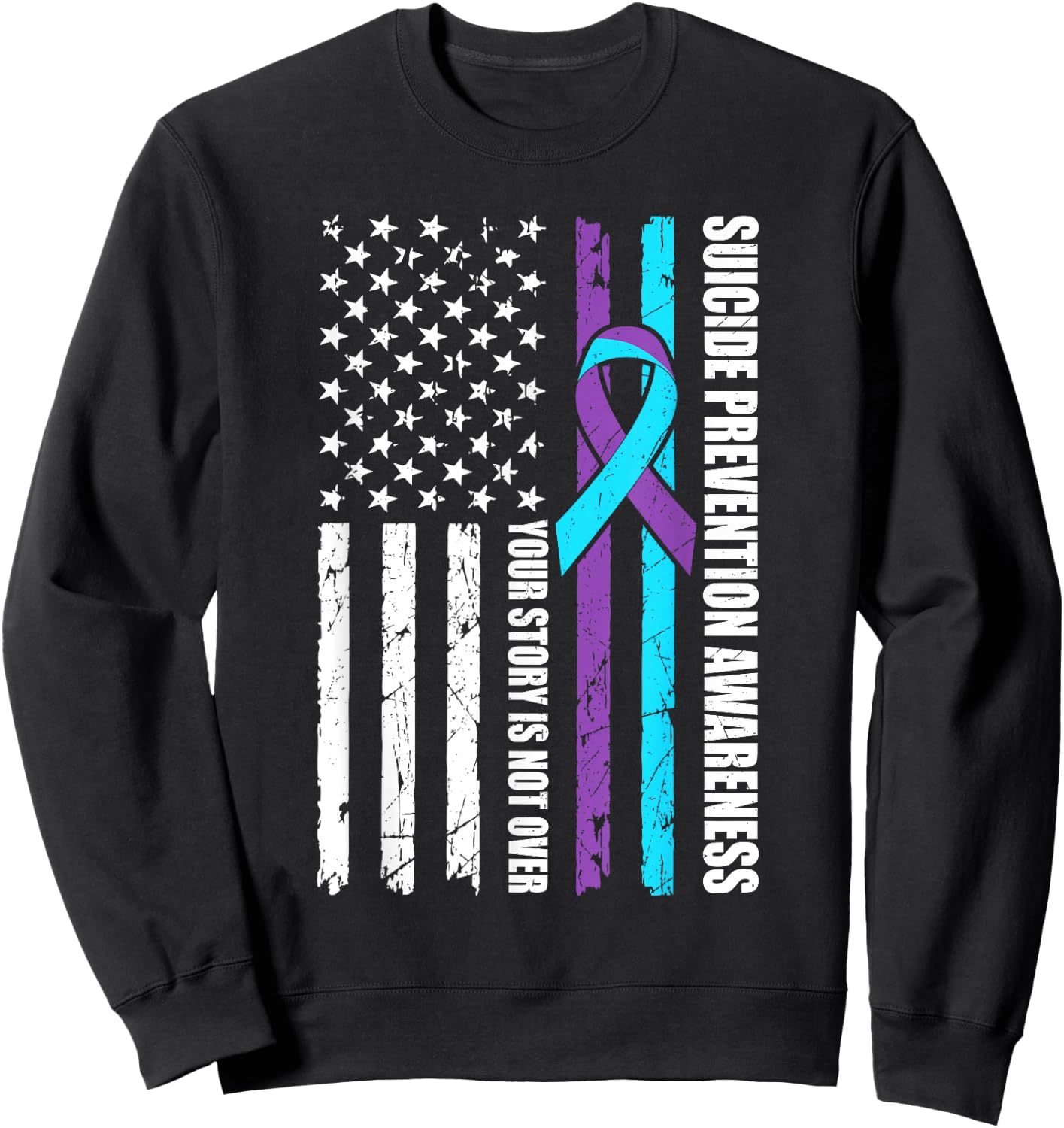 Suicide Prevention Awareness Month Flag Teal & Purple Ribbon Sweatshirt - Sweatshirt | Black