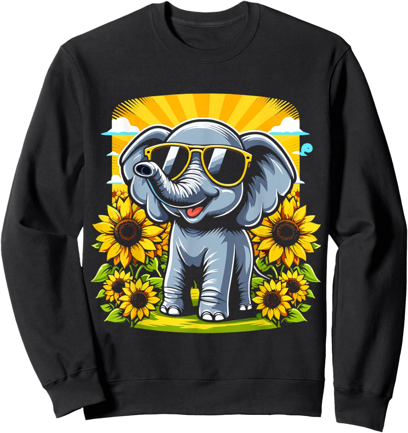 Elephant with Sunglasses and Sunflowers Funny Elephant Lover Sweatshirt - Sweatshirt | Black