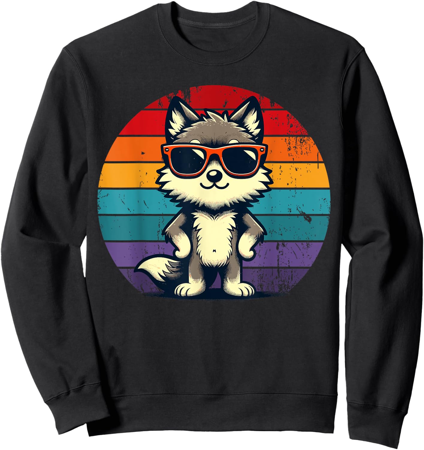 Cool Retro Wolf in Sunglasses 70s 80s 90s Novelty Funny Wolf Sweatshirt - Sweatshirt | Black