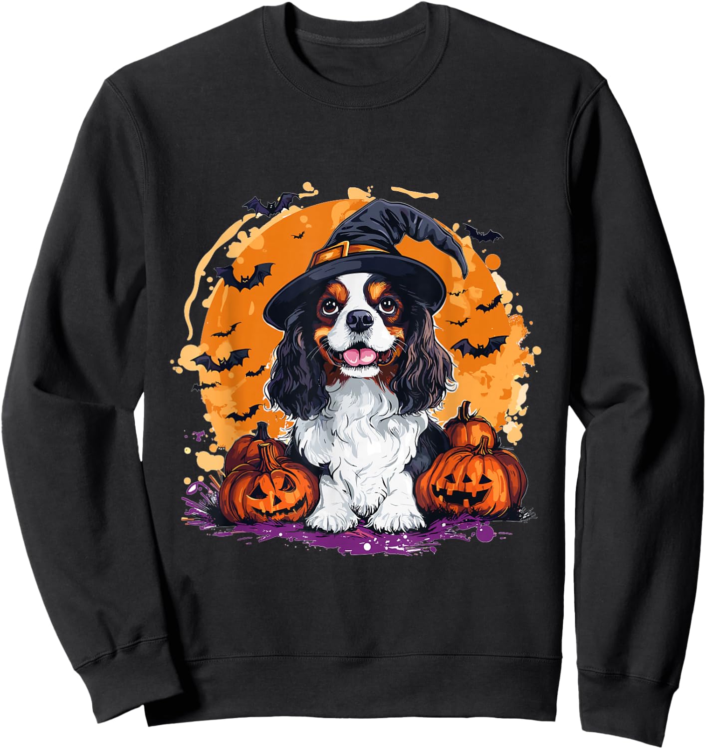 Cavalier King Charles Spaniel Dog Whitch Hat Halloween Sweatshirt - Sweatshirt | Black