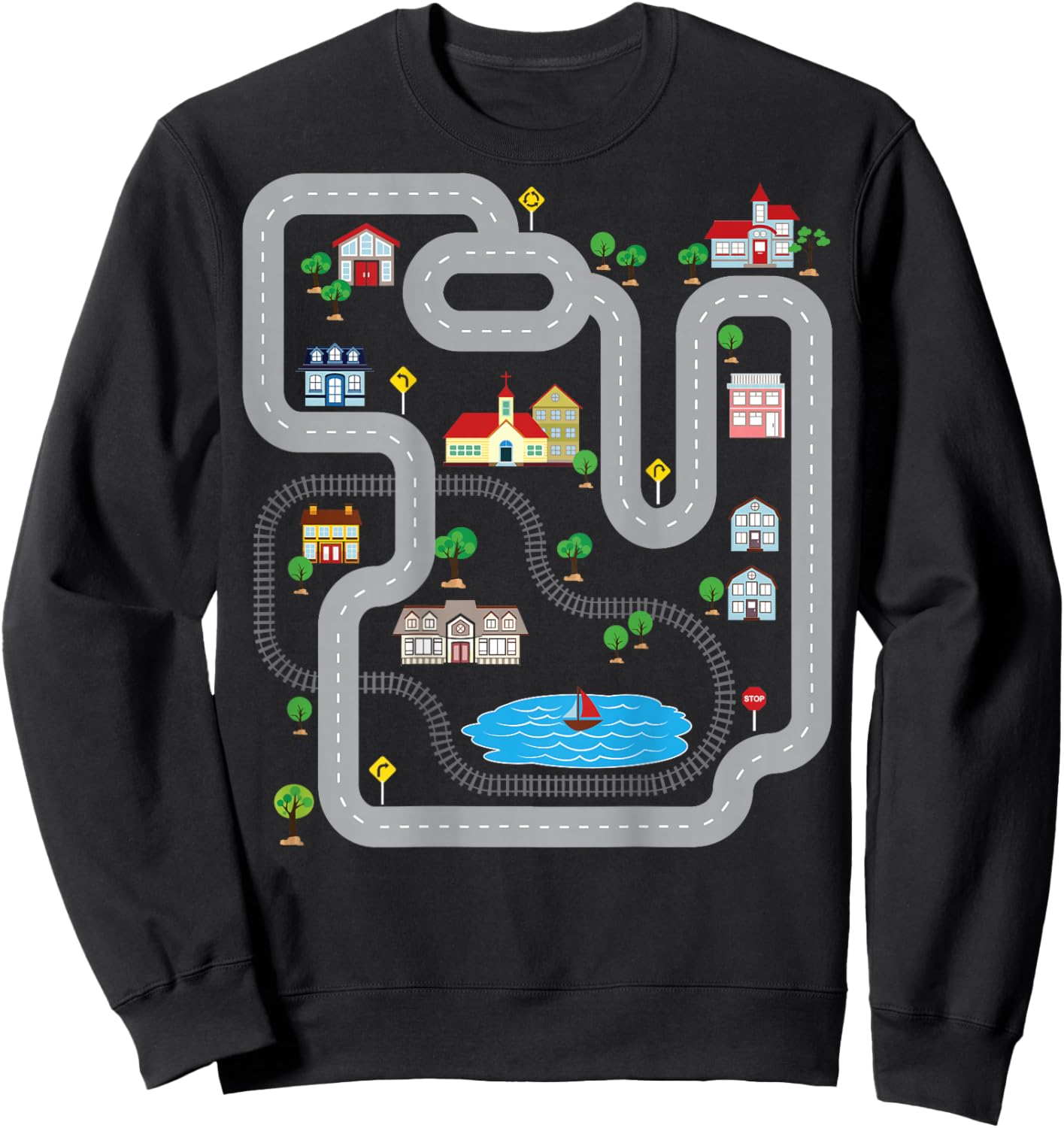Playmat Train Car Race Track Printed On Back Road Sweatshirt - Sweatshirt | Black