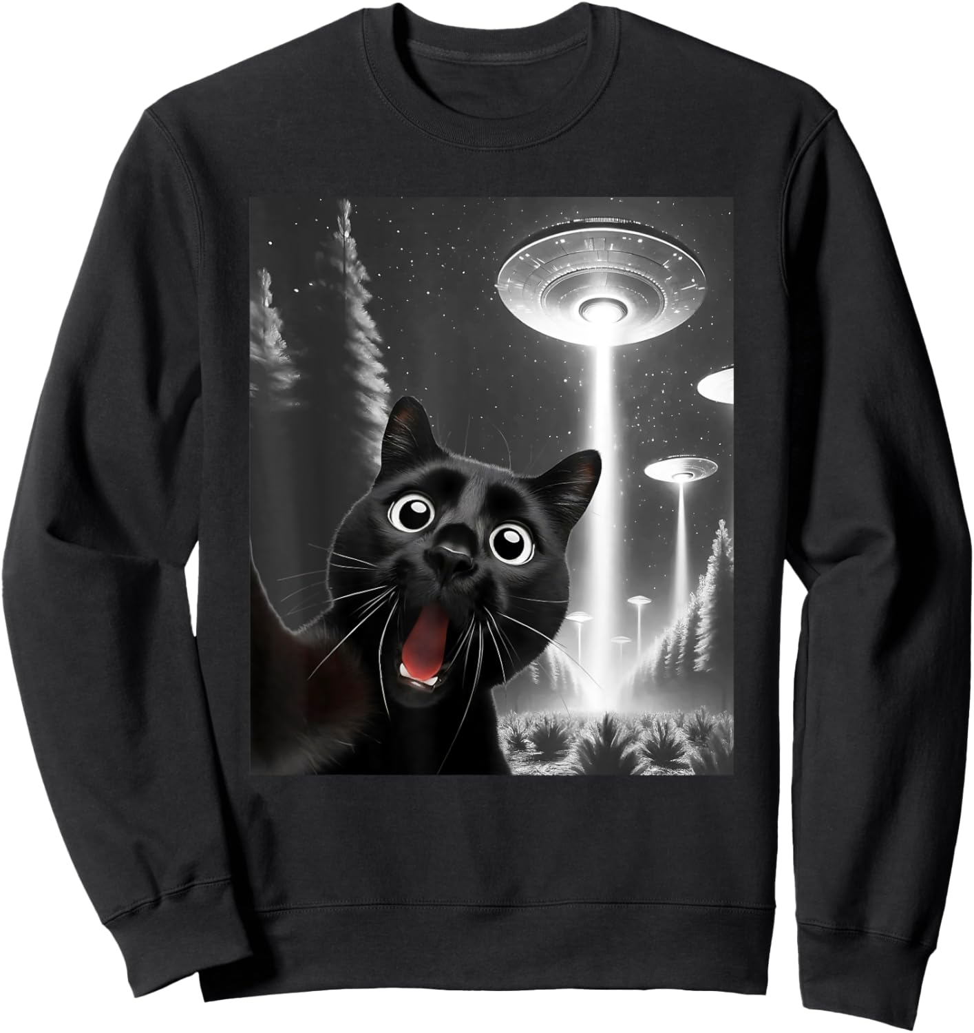 Funny Black Cat Alien UFO Taking a Selfie Cat Mom Dad Sweatshirt - Sweatshirt | Black