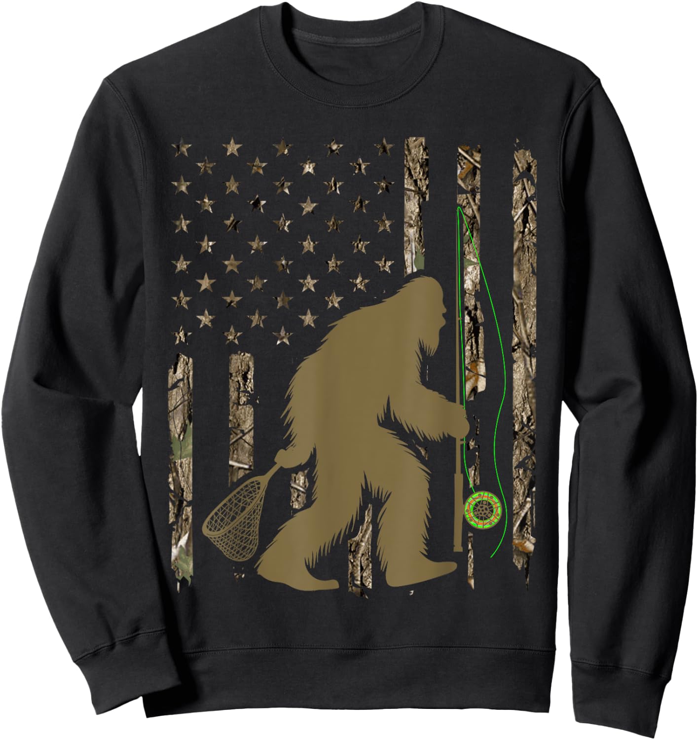 Bigfoot Fly Fishing Sasquatch American Flag Tree Camouflage Men Sweatshirt - Sweatshirt | Black