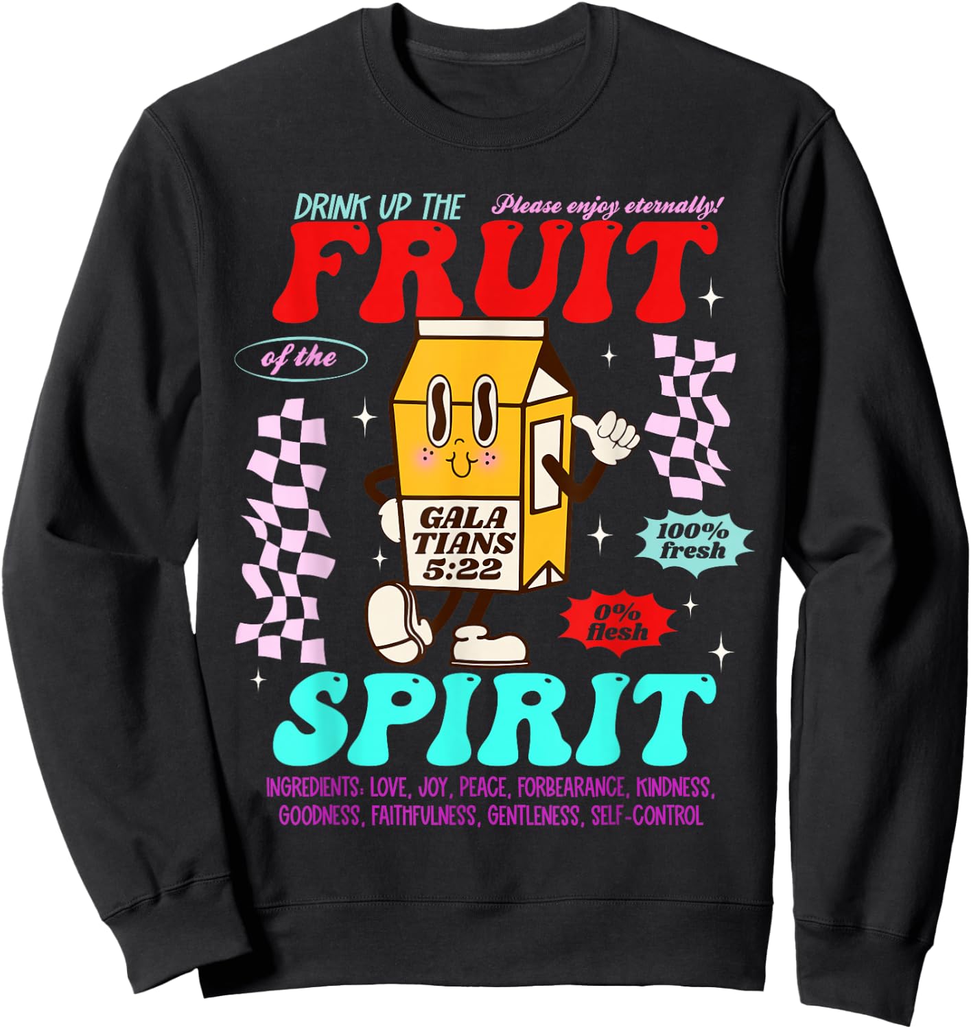 Drink Up Fruit Of The Spirit Christian Milk Bottle Checkered Sweatshirt - Sweatshirt | Black