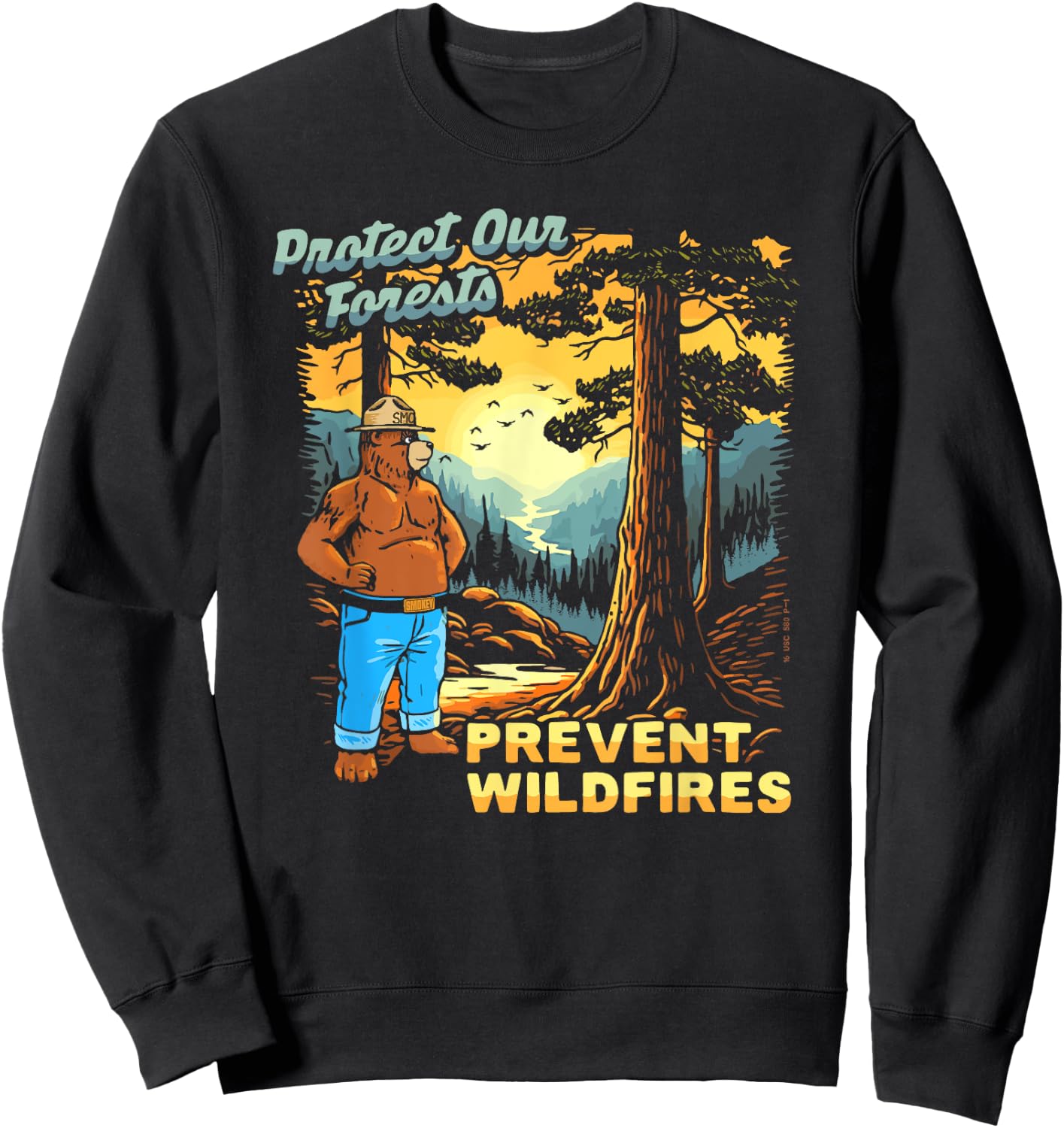 Smokey Bear Sunset Overlook - Protect Our Forests Retro Art Sweatshirt - Sweatshirt | Black