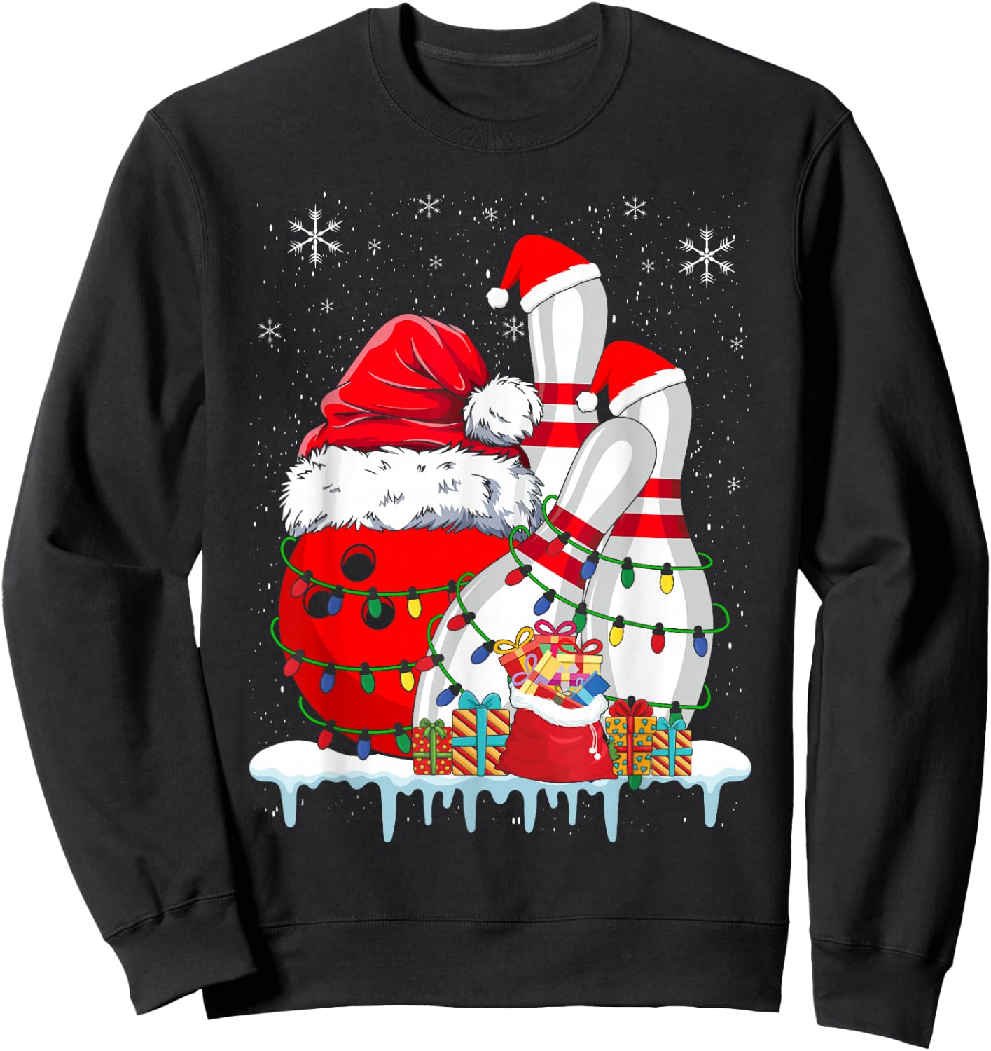 Bowling Christmas Bowling Santa Hat Christmas Lights Sweatshirt - Sweatshirt | Black