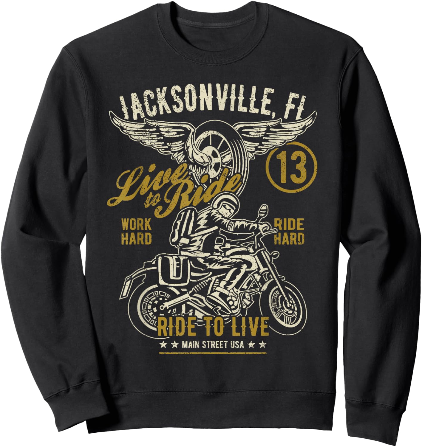 Jacksonville FL USA Distressed Style Motorcycle Design Sweatshirt - Sweatshirt | Black