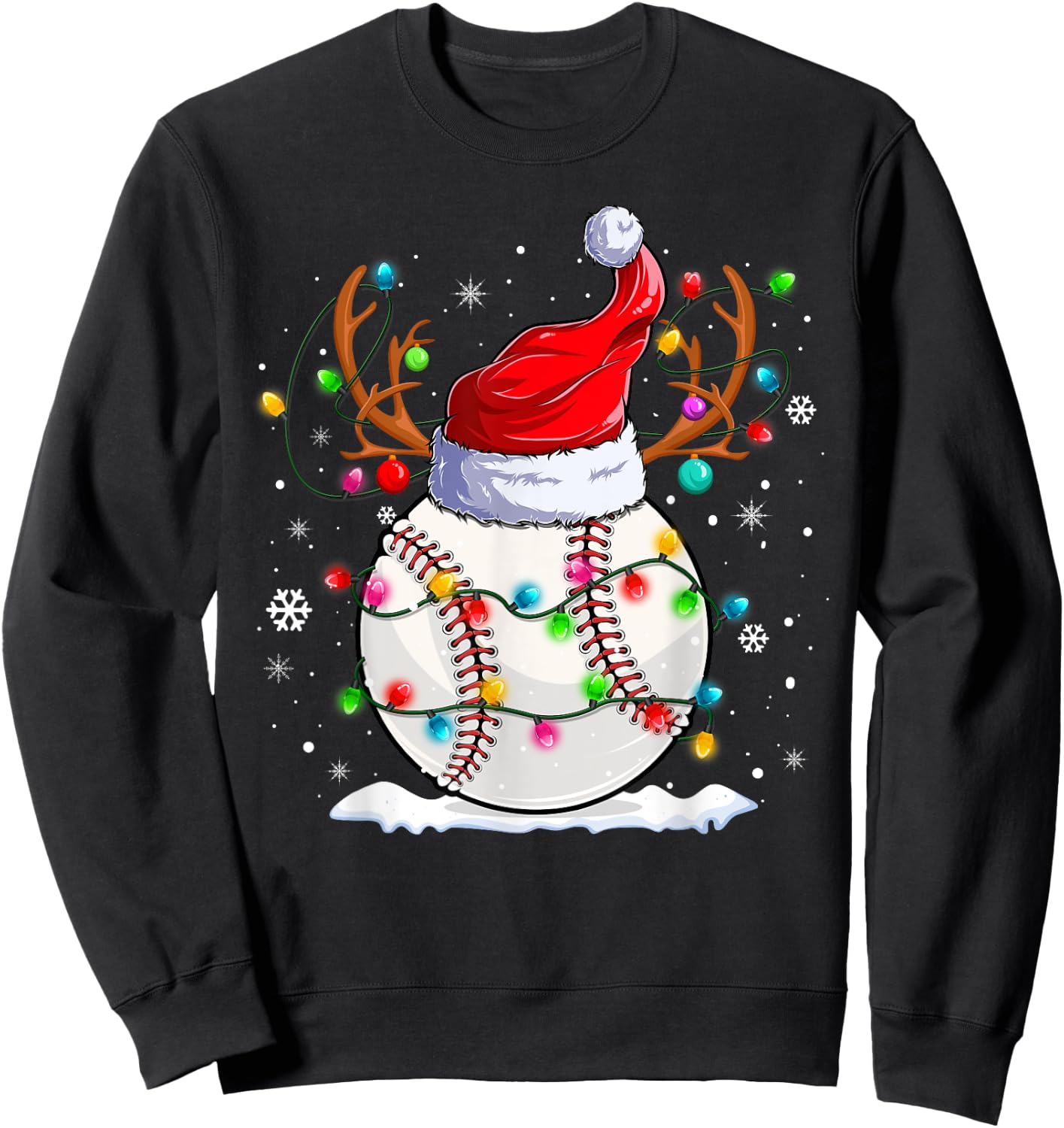 Baseball Santa Hat Reindeer Christmas Lights Funny Xmas Sweatshirt - Sweatshirt | Black
