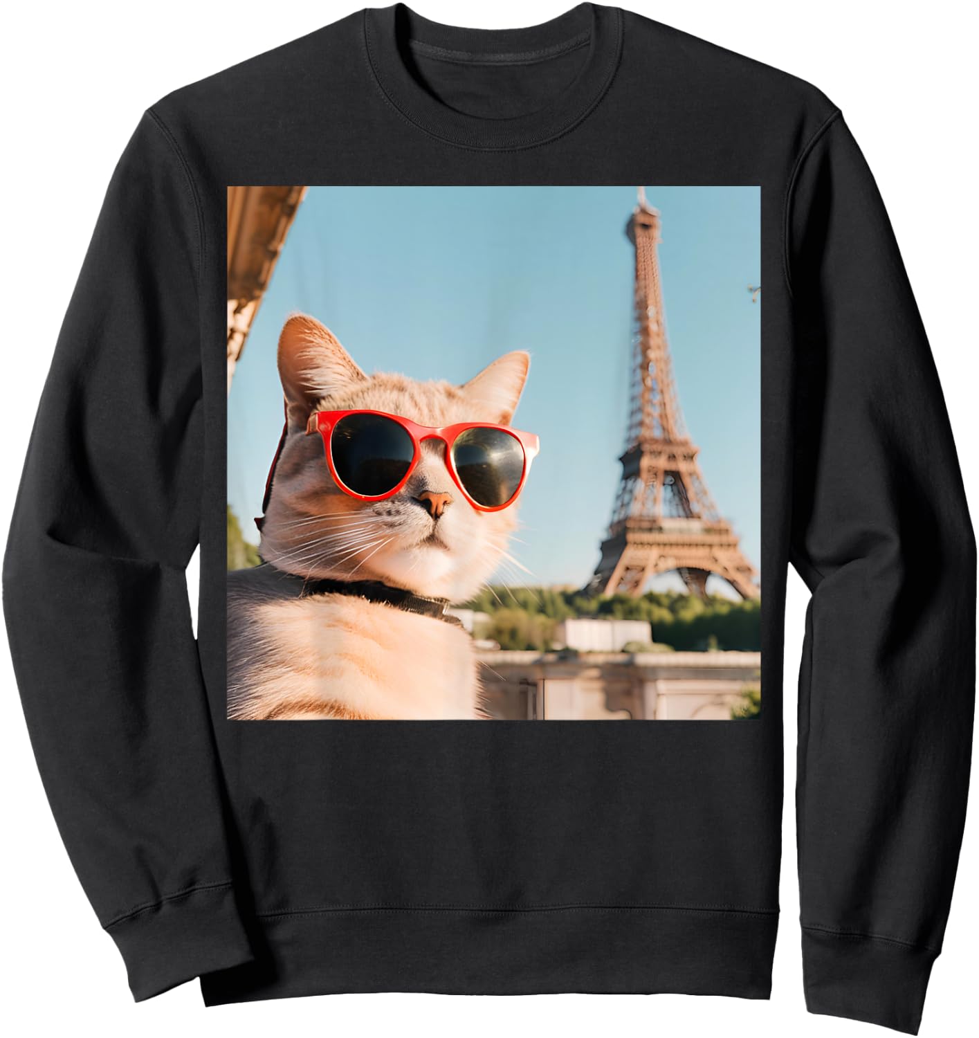Funny Cat Wearing Sunglasses At The Eiffel Tower in France Women Kids Sweatshirt - Sweatshirt | Black
