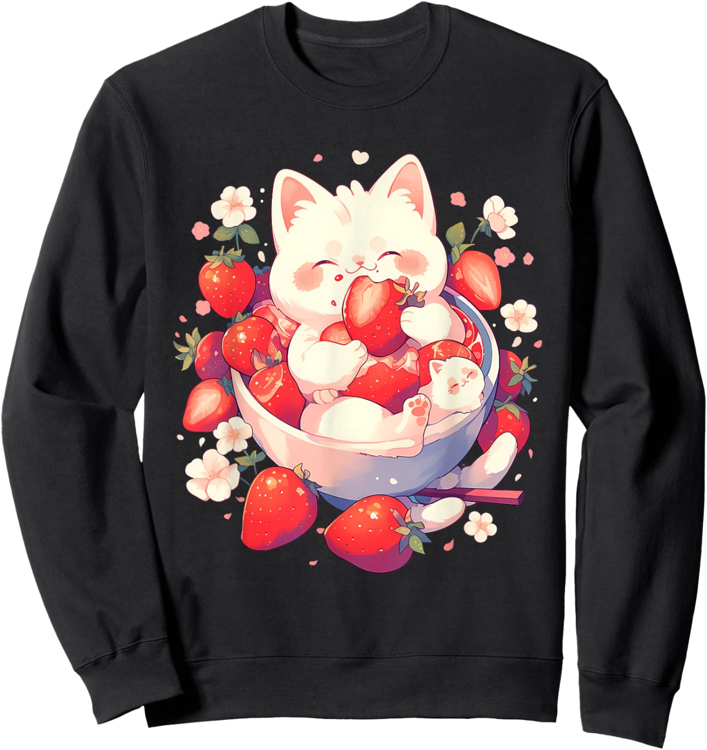 Strawberry Cat Animal Art Strawberries Floral Drawing Sweatshirt - Sweatshirt | Black
