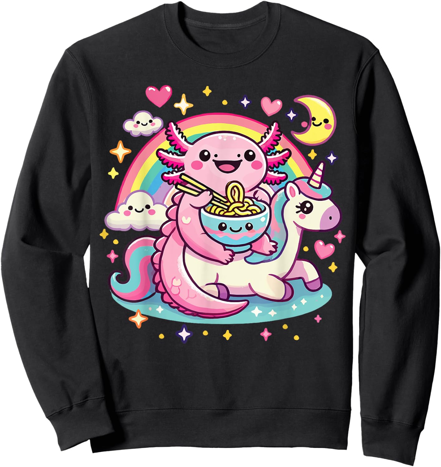 Anime Kawaii Axolotl Eating Ramen Noodles Rainbow Kids Girl Sweatshirt - Sweatshirt | Black