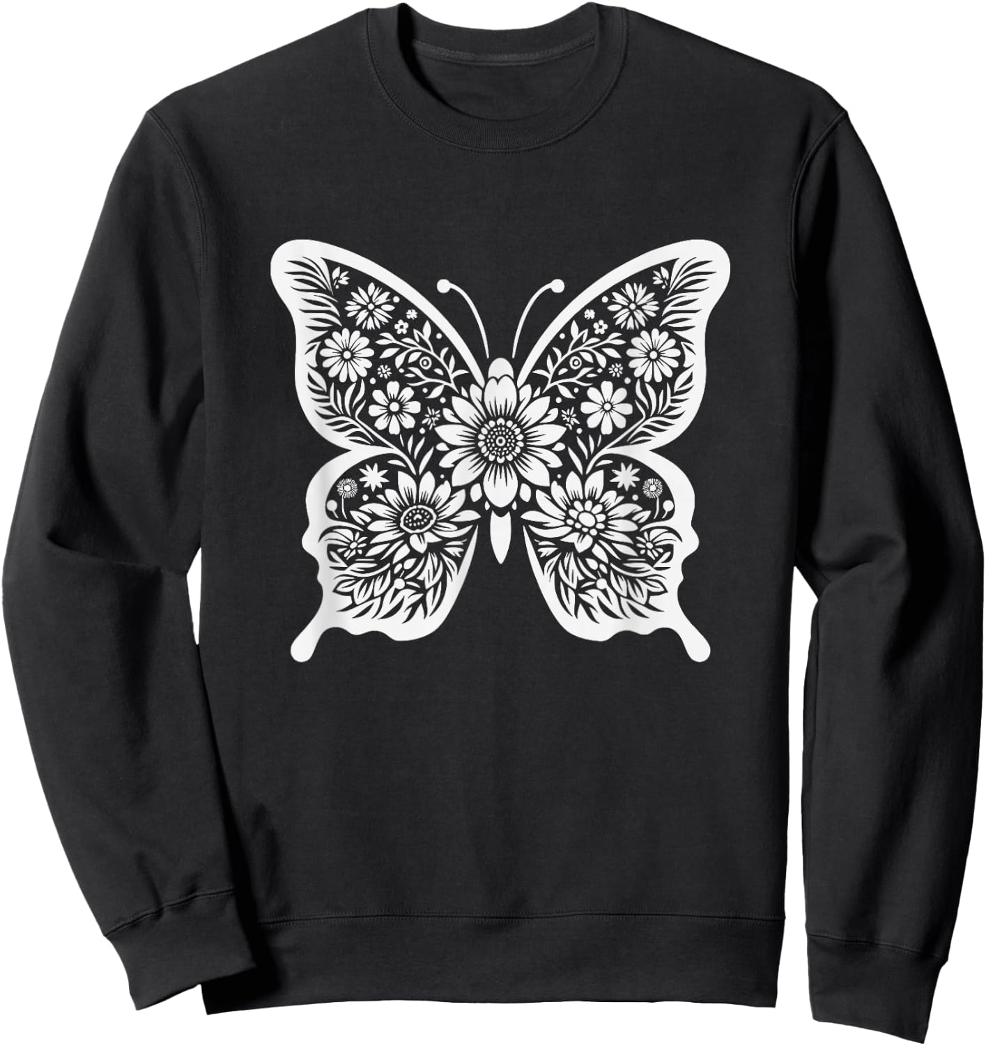Floral Butterfly Graphic Art Design And Girls Sweatshirt - Sweatshirt | Black