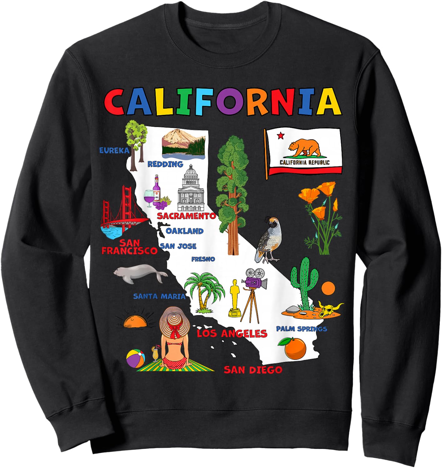 Map of California with Flag, Landmarks and Major Cities Sweatshirt - Sweatshirt | Black