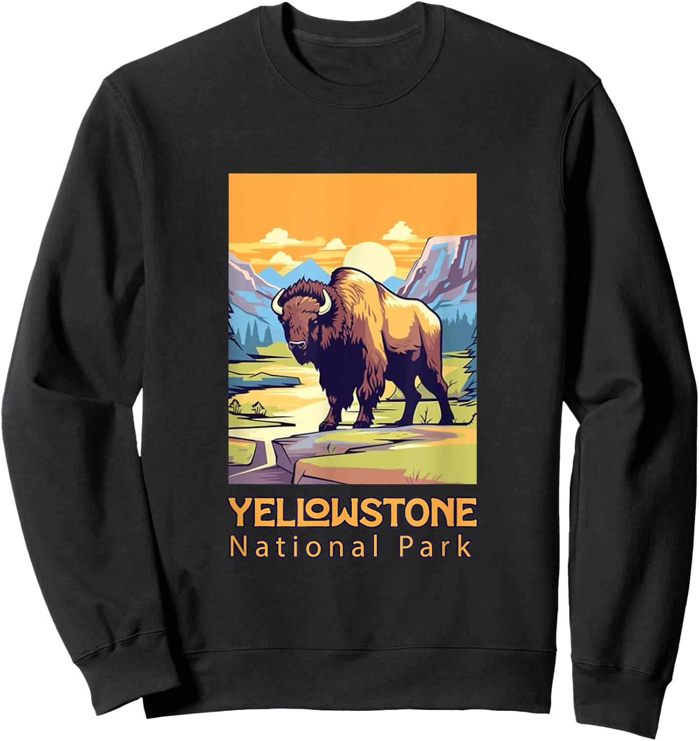 Yellowstone National Park Bison Large Cartoon Graphic Sweatshirt - Sweatshirt | Black