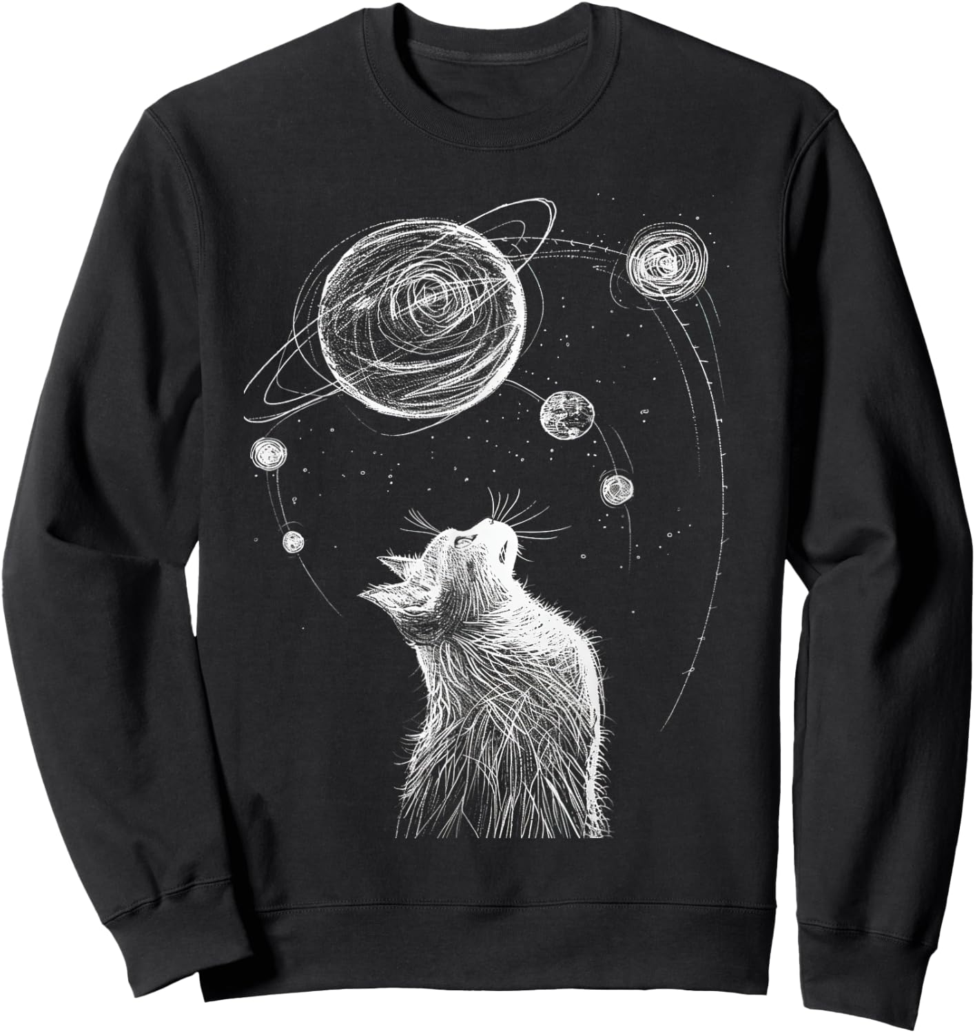 Cat Staring at Solar System Men Women Kids Sweatshirt - Sweatshirt | Black