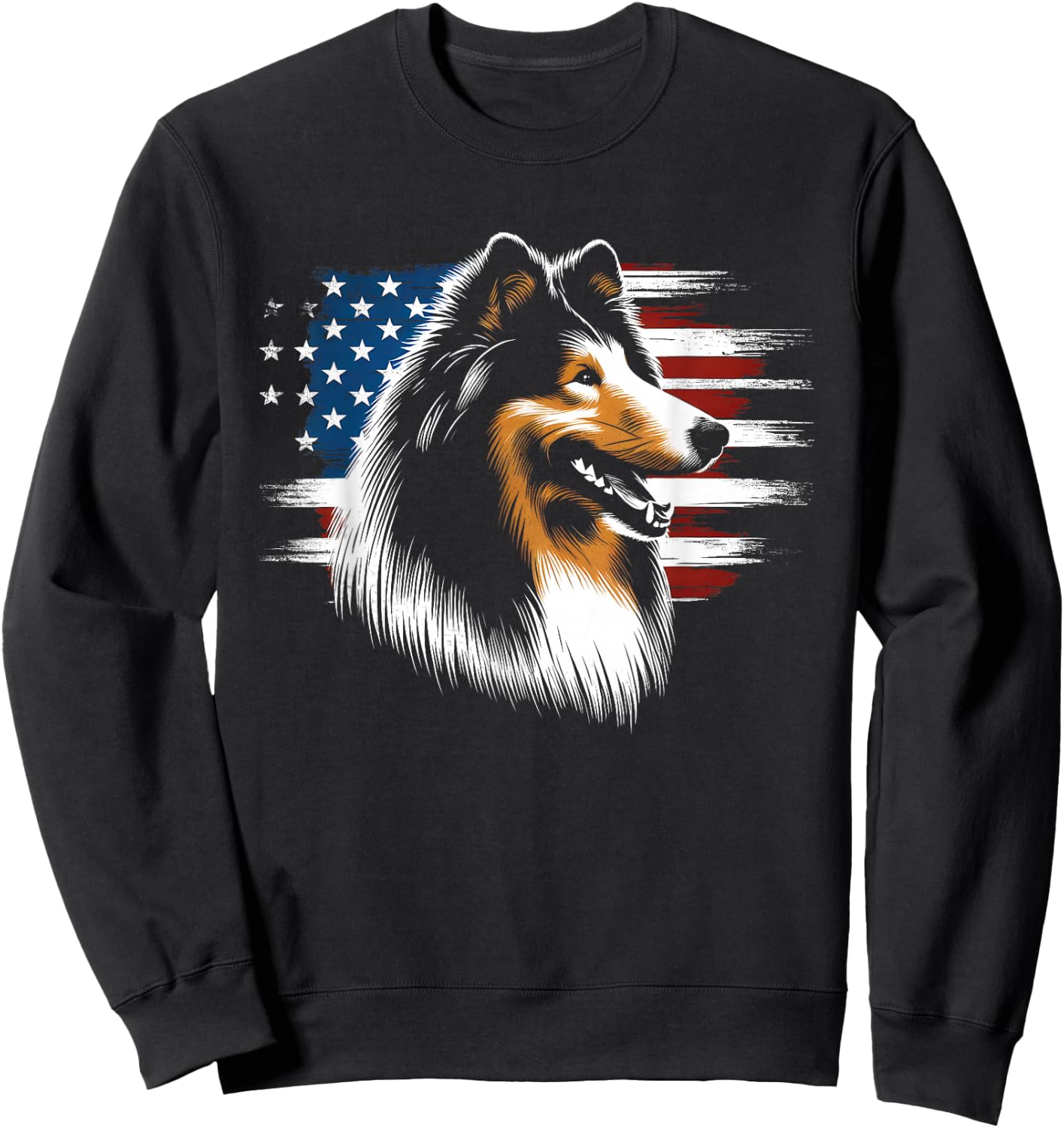Rough Collie American Flag - Patriotic Collie Dog Lover Sweatshirt - Sweatshirt | Black