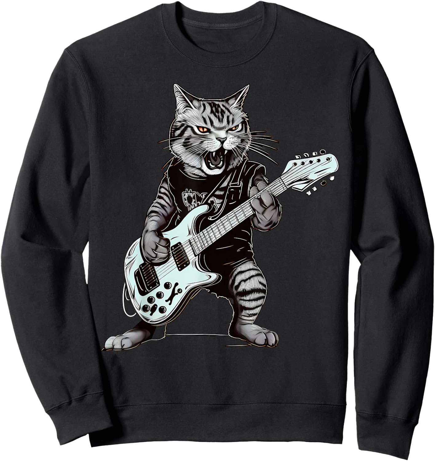 Cat Guitar T Shirt Cat Playing Guitar Heavy Metal Cat Sweatshirt - Sweatshirt | Black