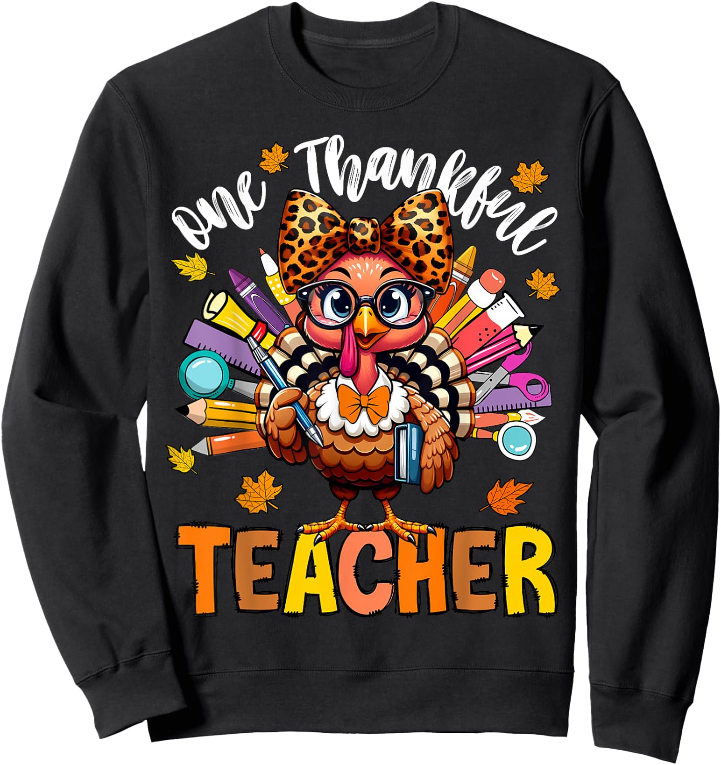 One Thankful Teacher Thanksgiving Turkey Cute Crayon Pencil Sweatshirt - Sweatshirt | Black