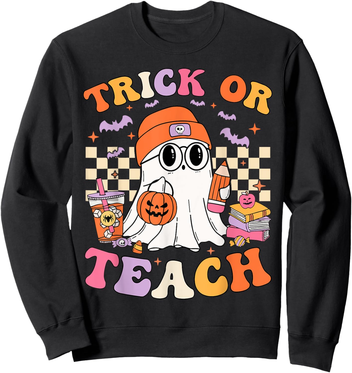 Teacher Halloween Trick Or Teach Cute Ghost Coffee Pumpkins Sweatshirt - Sweatshirt | Black