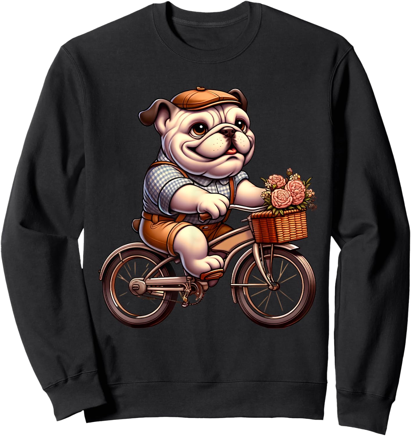Cute English Bulldog on Bicycle Cycling Men Women Kids Sweatshirt - Sweatshirt | Black