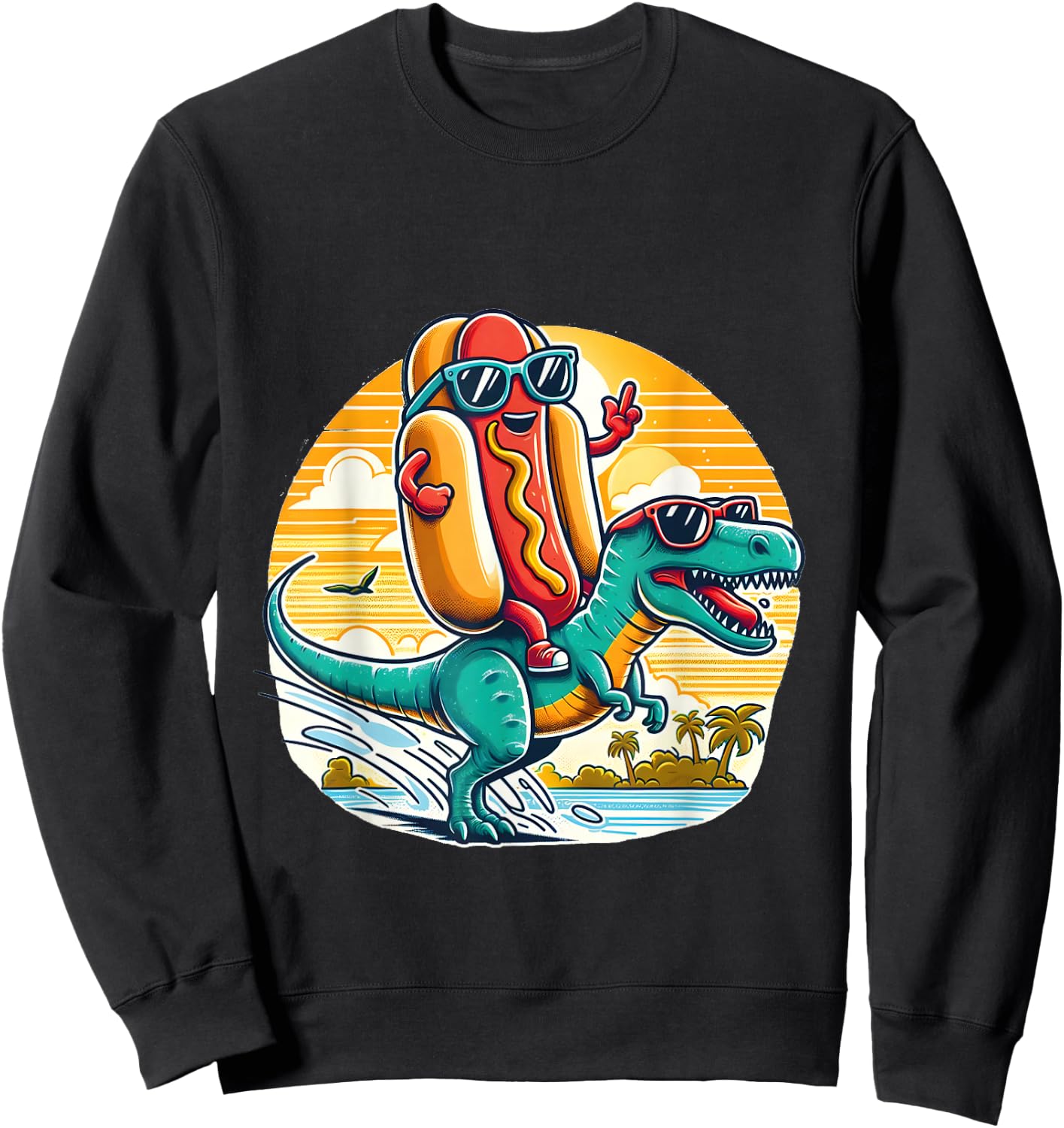 Funny T-Rex Dinosaur and Hot Dog summer vibes Sweatshirt - Sweatshirt | Black