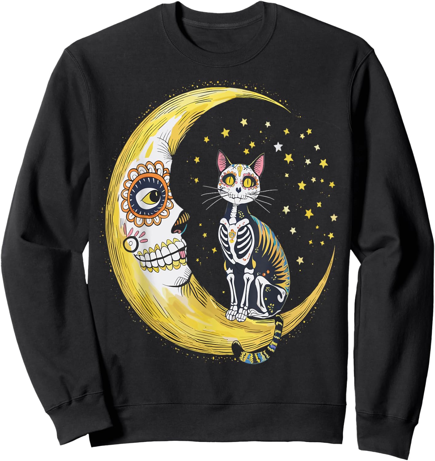 Cat And Moon Sugar Skull Dia De Los Muertos Day Of The Dead Men Women Kids Sweatshirt - Sweatshirt | Black