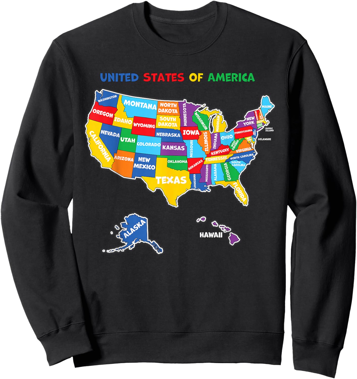 Colorful United states of America Map with states names, USA Sweatshirt - Sweatshirt | Black