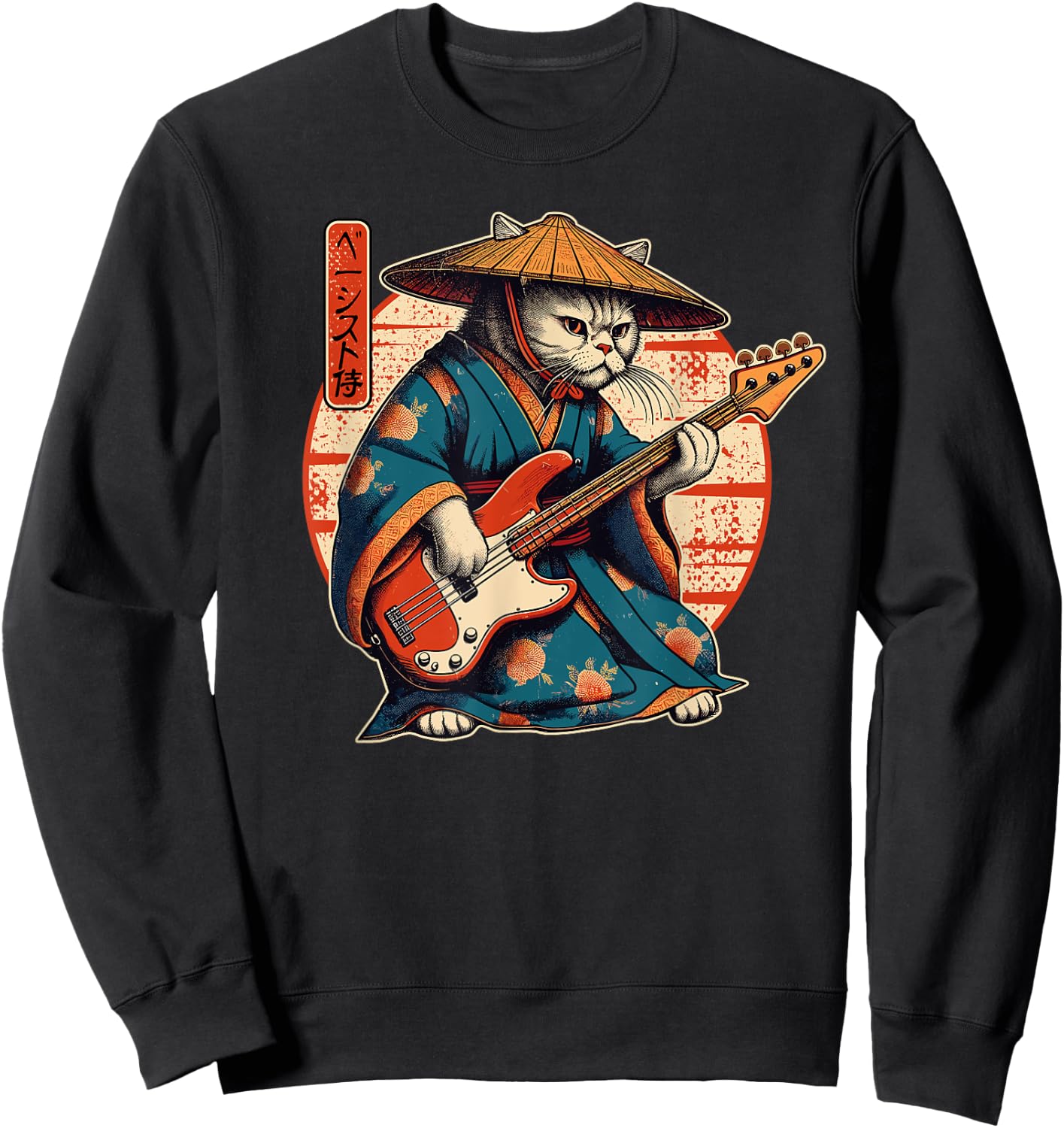 Japanese Samurai Cat Playing The Bass Men Women Girls Kids Sweatshirt - Sweatshirt | Black