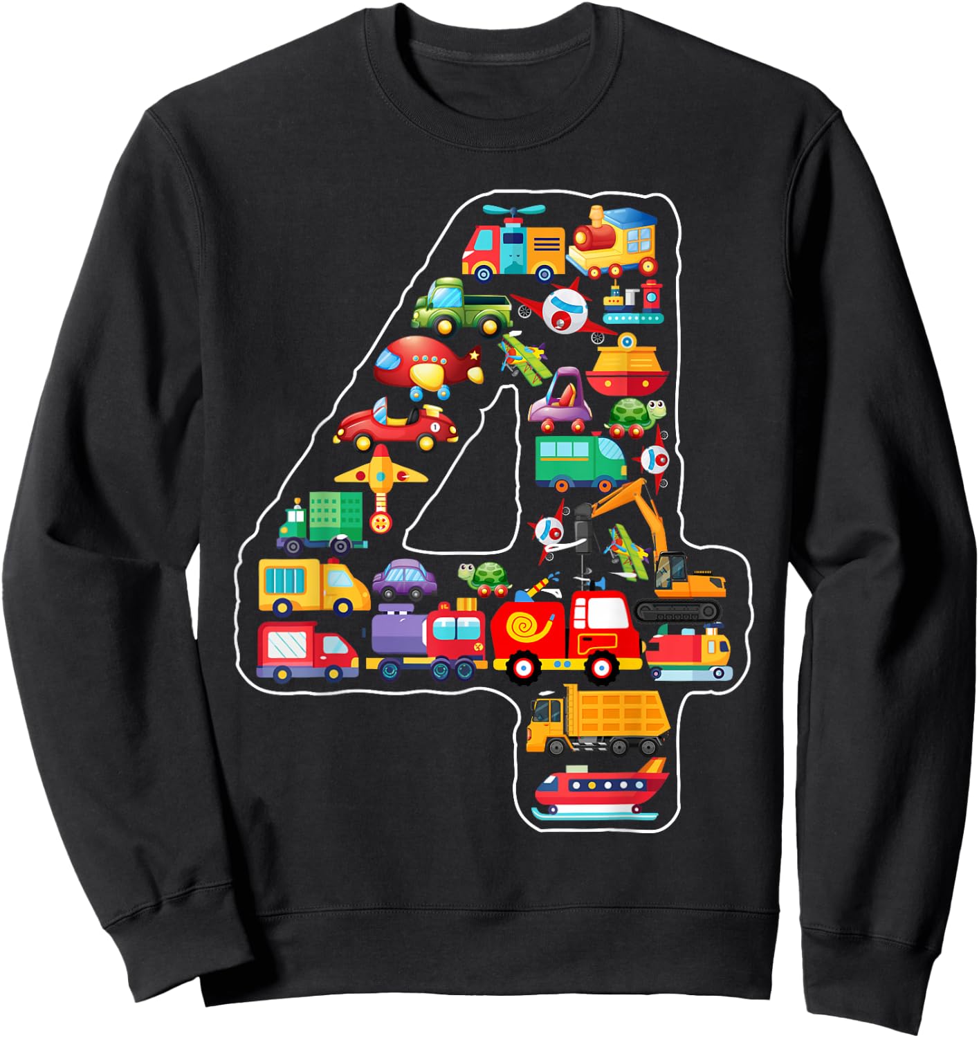 Kids 4th Birthday For Boys Cars Vehicles Fire Truck Airplane Sweatshirt - Sweatshirt | Black