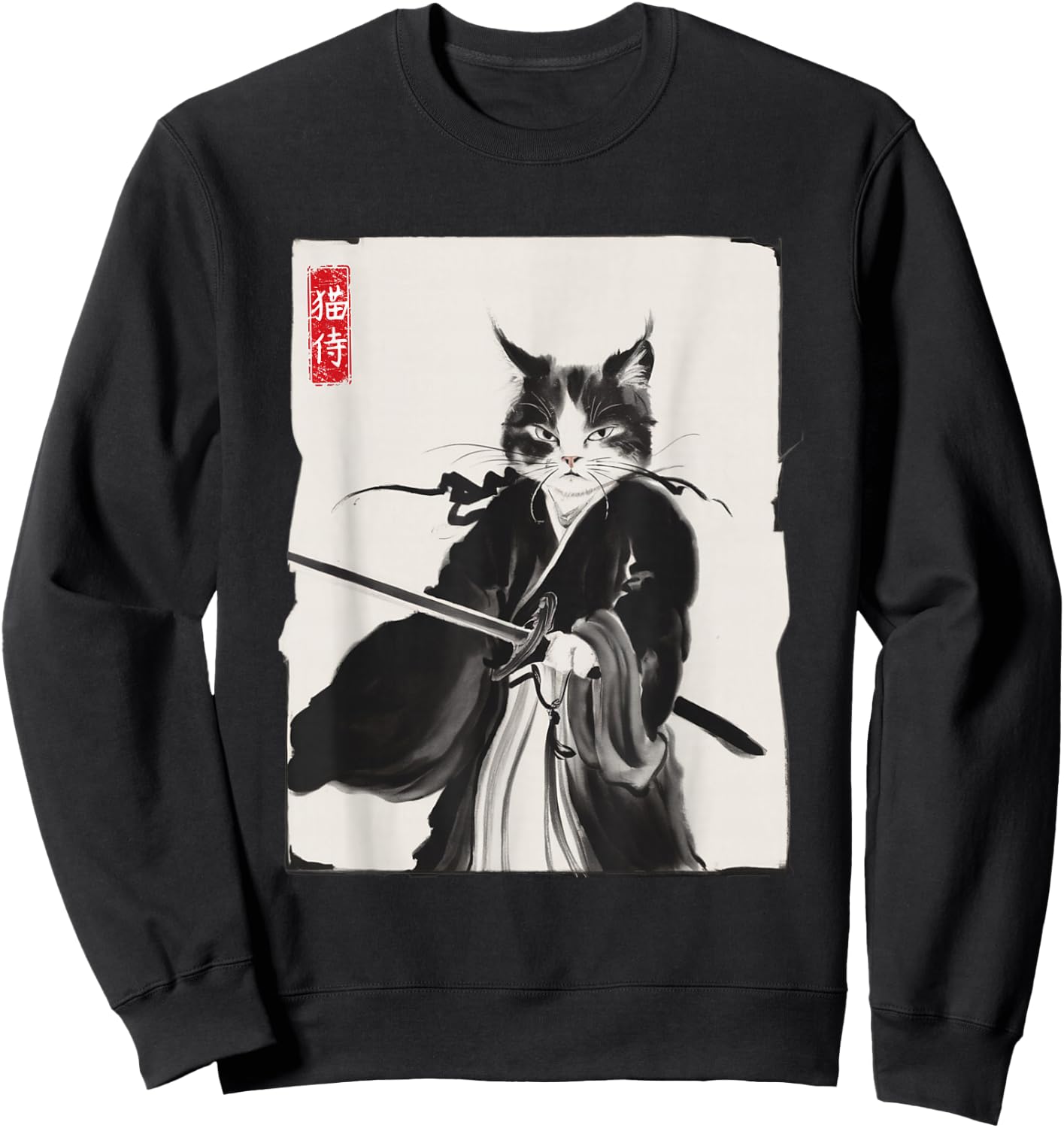 Samurai Cat Warrior Ink Art Funny Japanese Style Sweatshirt - Sweatshirt | Black
