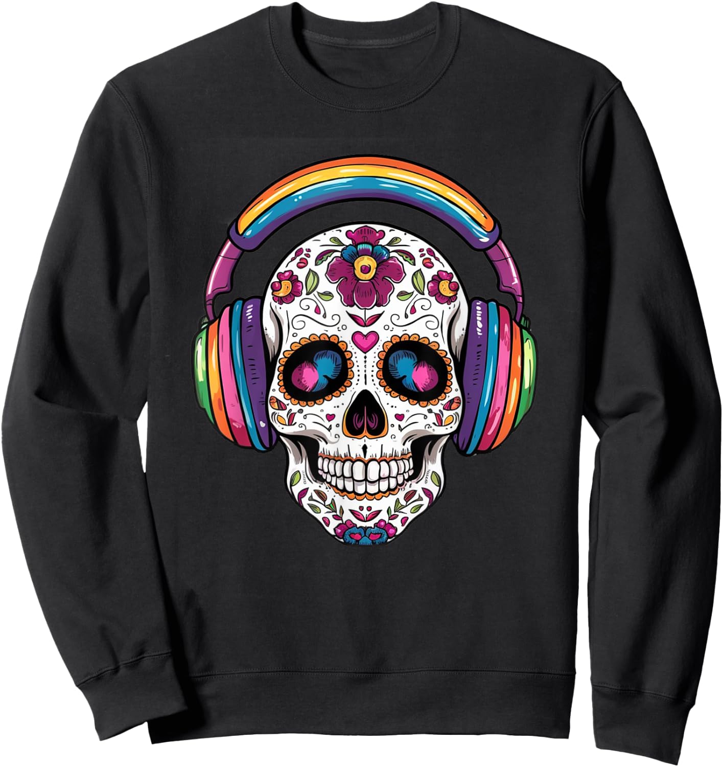 Sugar Skull Headphones Day of Dead Halloween Dia De Muertos Sweatshirt - Sweatshirt | Black