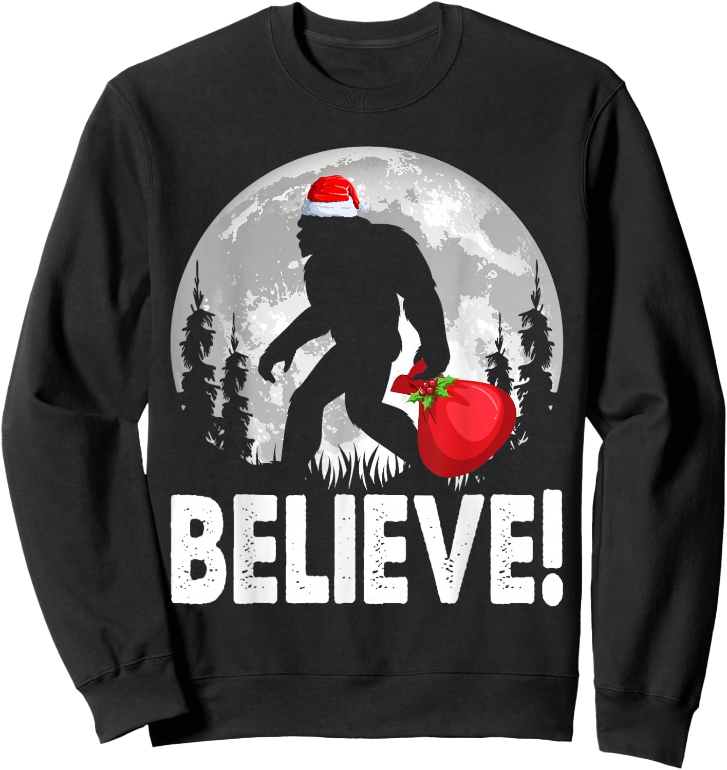 Believe! Santa Bigfoot Christmas Snow & Moon Night Graphic Sweatshirt - Sweatshirt | Black
