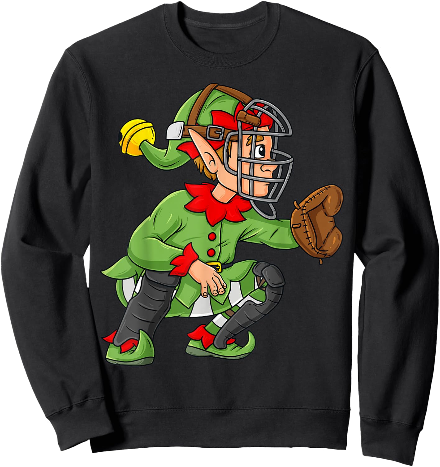 Christmas Elf Baseball Catcher Boys Girls Kids Pajama Xmas Sweatshirt - Sweatshirt | Black