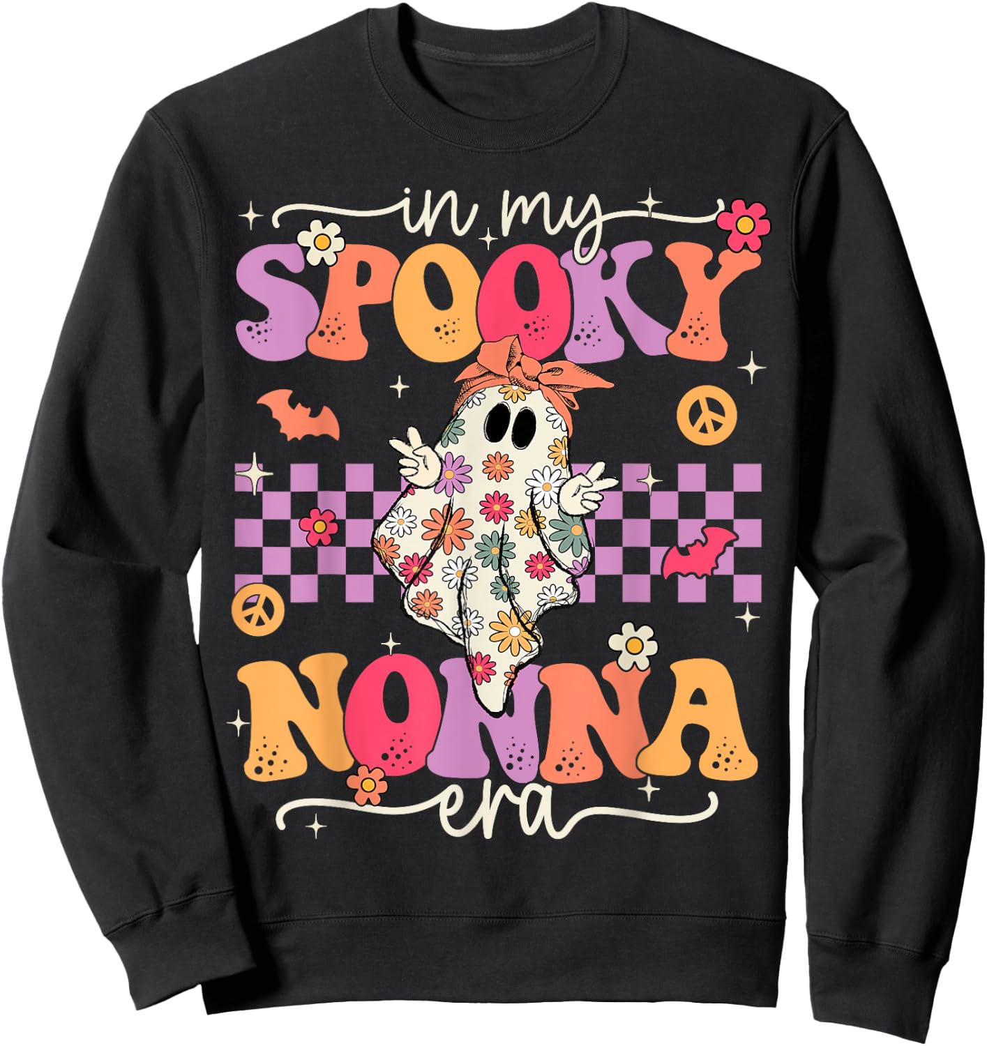 Groovy In My Spooky Nonna Era Hippie Halloween Floral Ghost Sweatshirt - Sweatshirt | Black
