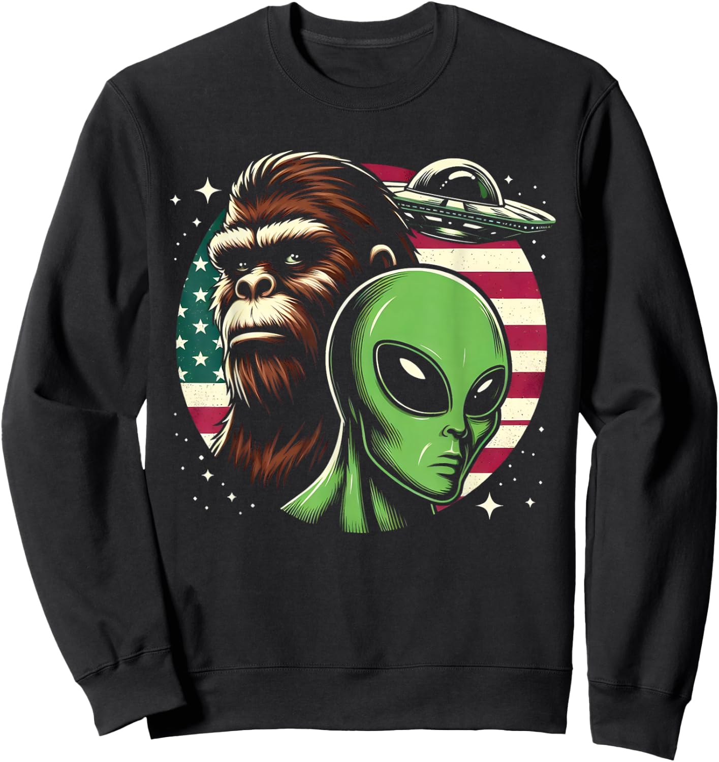 Bigfoot Sasquatch Alien UFO USA American Flag Sweatshirt - Sweatshirt | Black