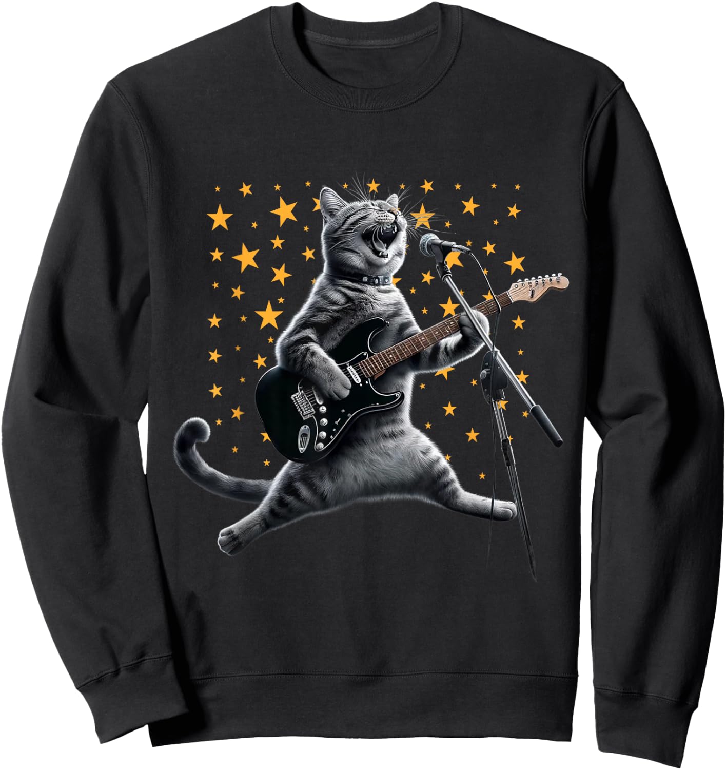 Rock Cat Playing Guitar Electric in space Funny kitty Galaxy Sweatshirt - Sweatshirt | Black