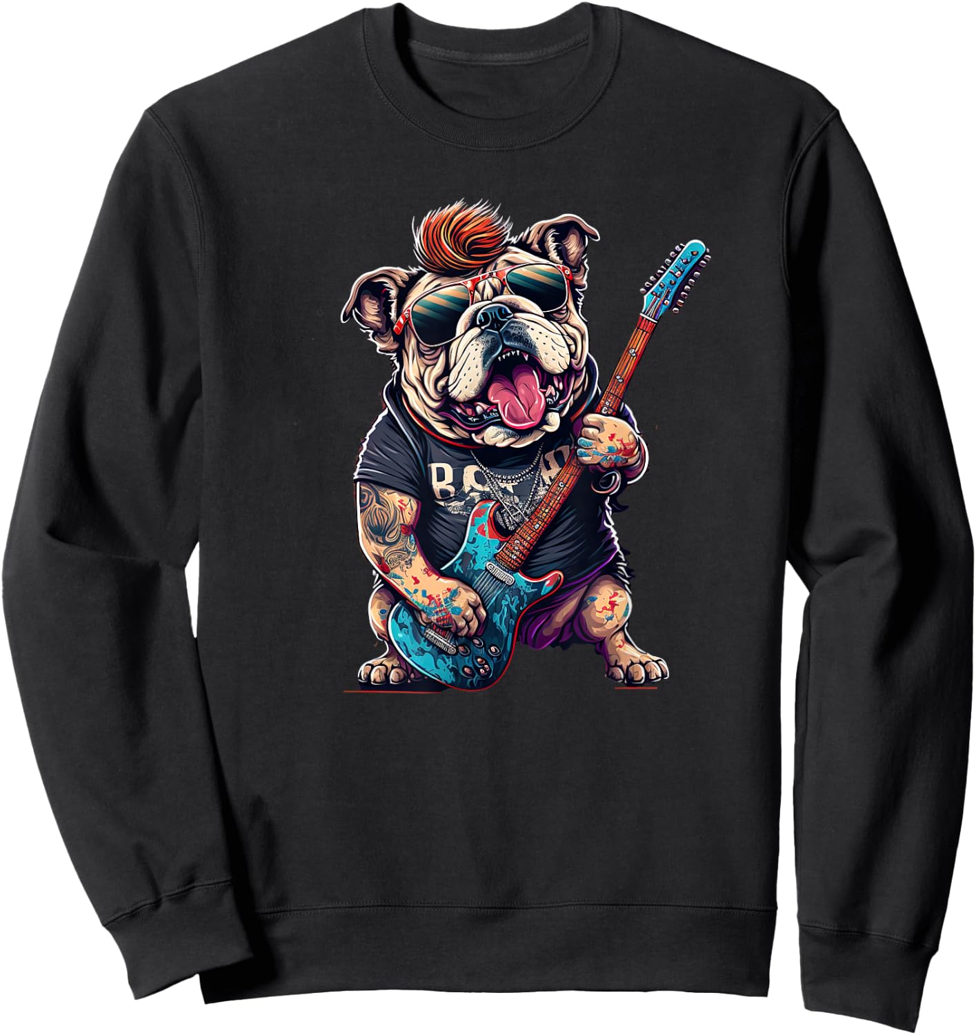 Funny Bulldog Dog Rock and Roll Rocker 80s 90s Women Girls Kids Sweatshirt - Sweatshirt | Black