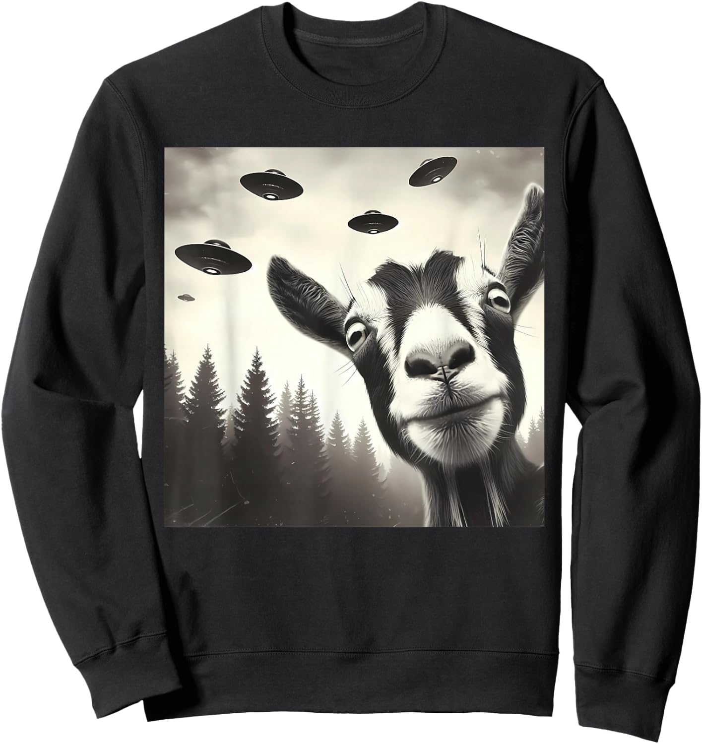 Funny Goat Selfie UFO Alien Humor Vintage Print Art Design Sweatshirt - Sweatshirt | Black