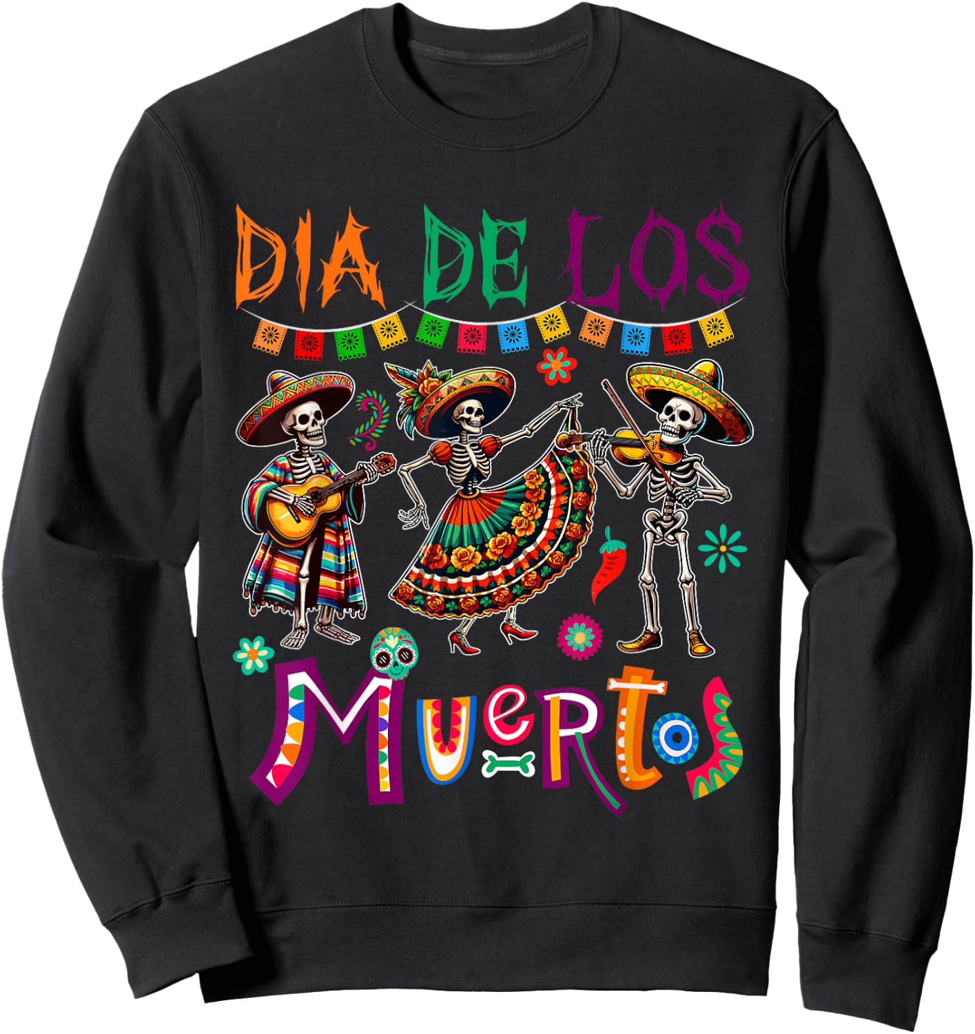 Dia De Los Muertos Three Floral Skeletons Mexican Dancing Sweatshirt - Sweatshirt | Black