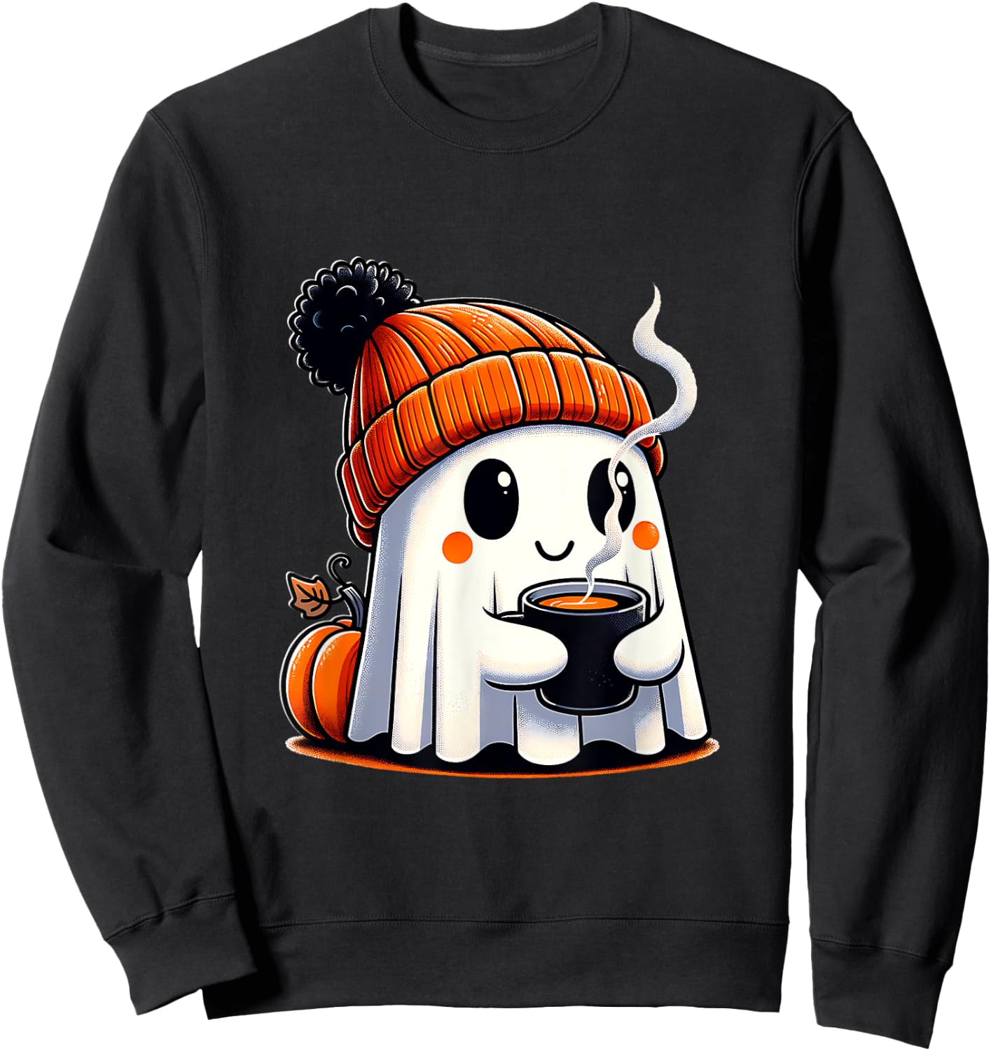 Halloween Cute Kawaii Ghost Drinking Coffee Women Men Kids Sweatshirt - Sweatshirt | Black